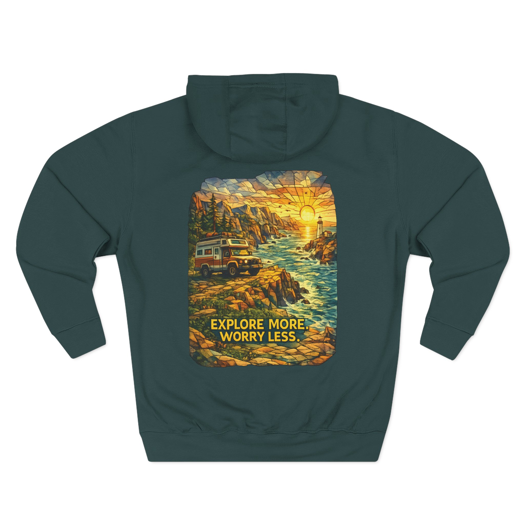 17592332813928576857_2048.jpeg Three-Panel Fleece Hoodie - "Explore More Worry Less" Design Cubic-Line