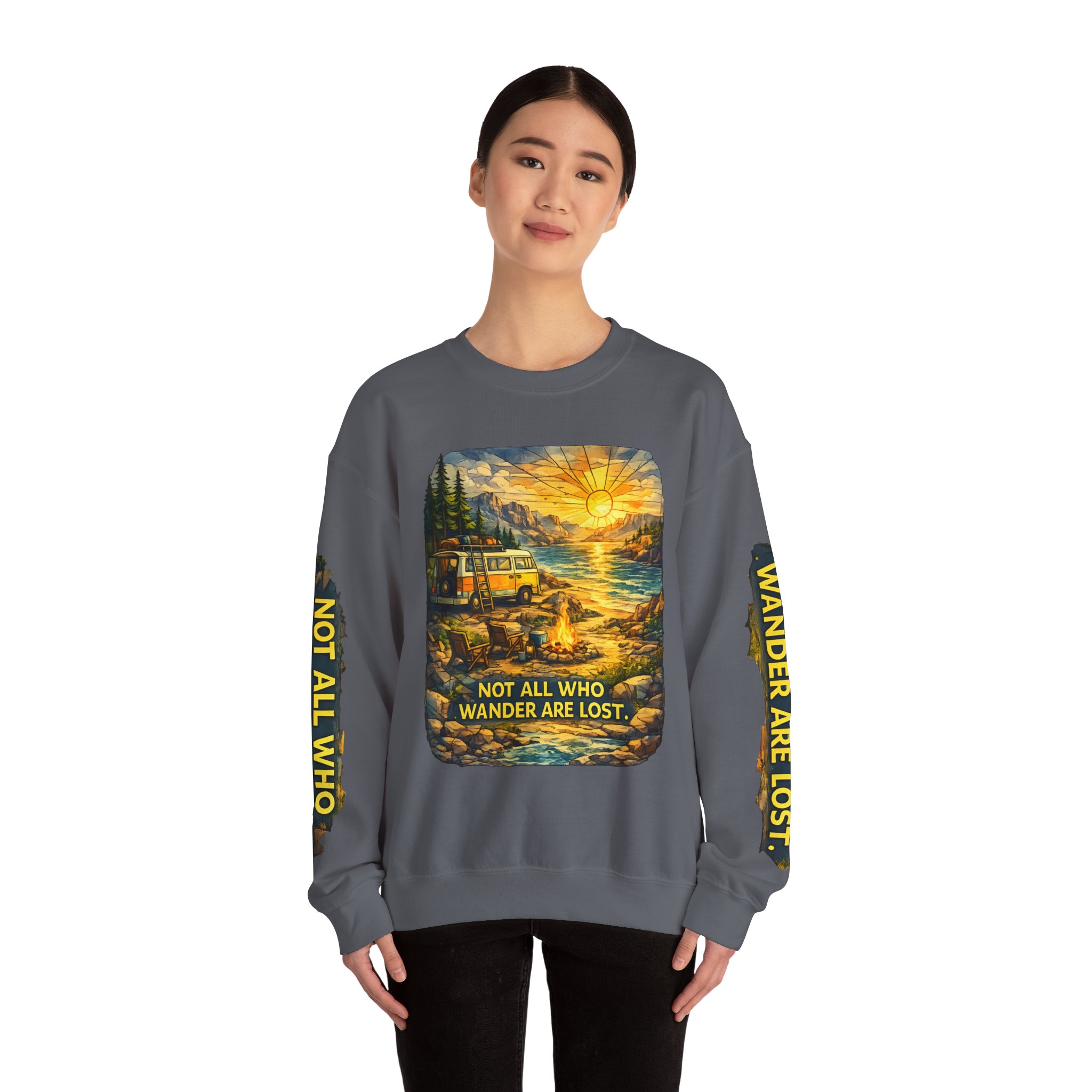 Unisex Heavy Blend™ Crewneck Sweatshirt — "Not All Who Wander Are Lost" Design Cubic-Line