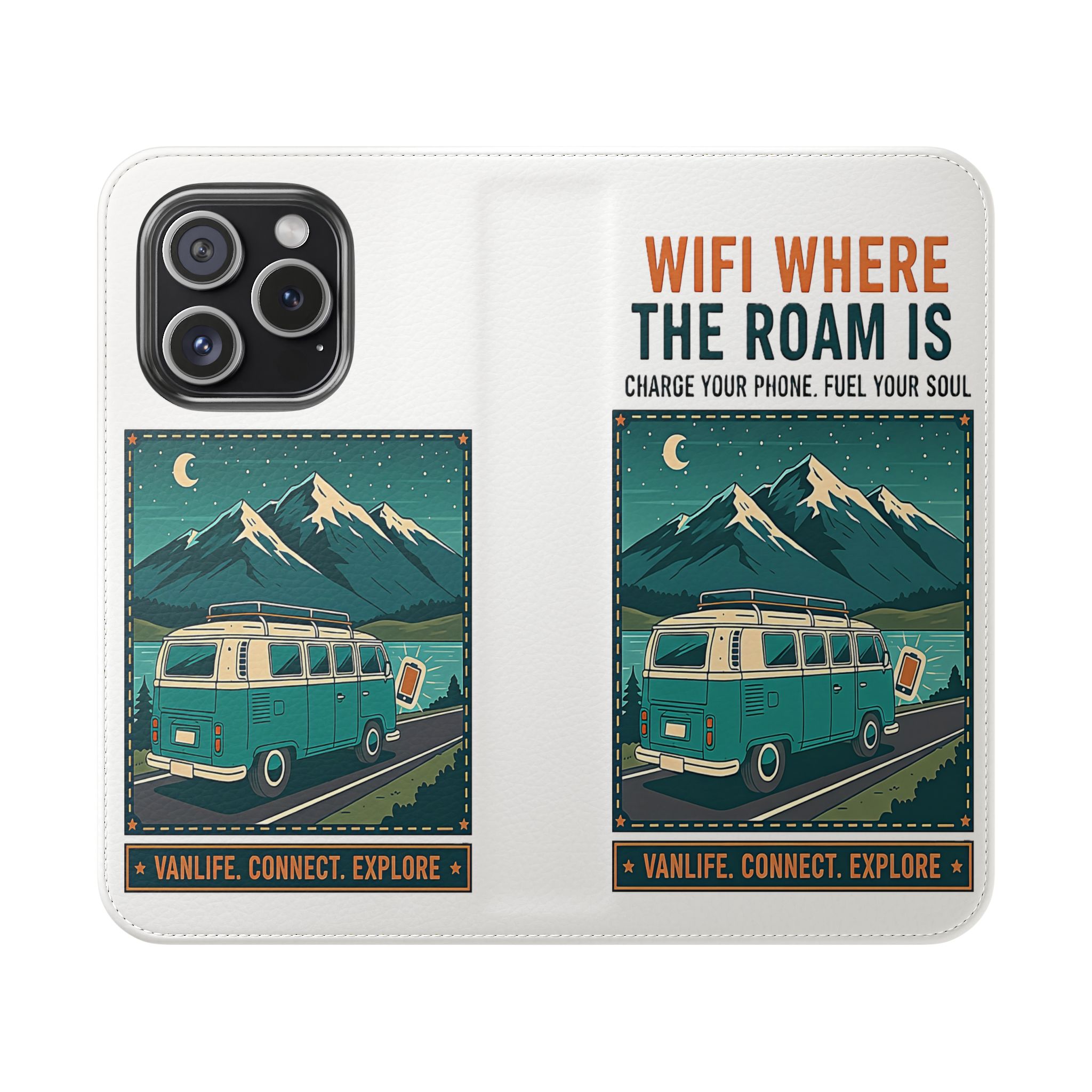 Flip Phone Case — “WiFi Where the Roam Is” Vanlife Wallet Case