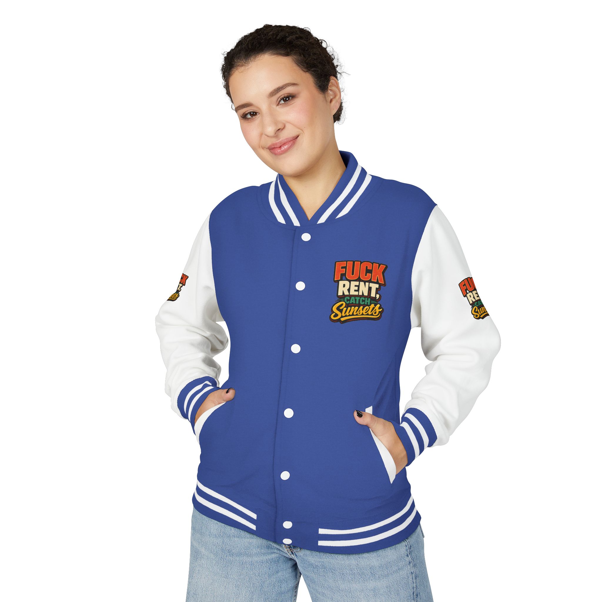 17618484290309779637_2048-2.jpeg Unisex Heavyweight Letterman Jacket — "Fuck Rent Catch Sunsets" Design F**K-Line