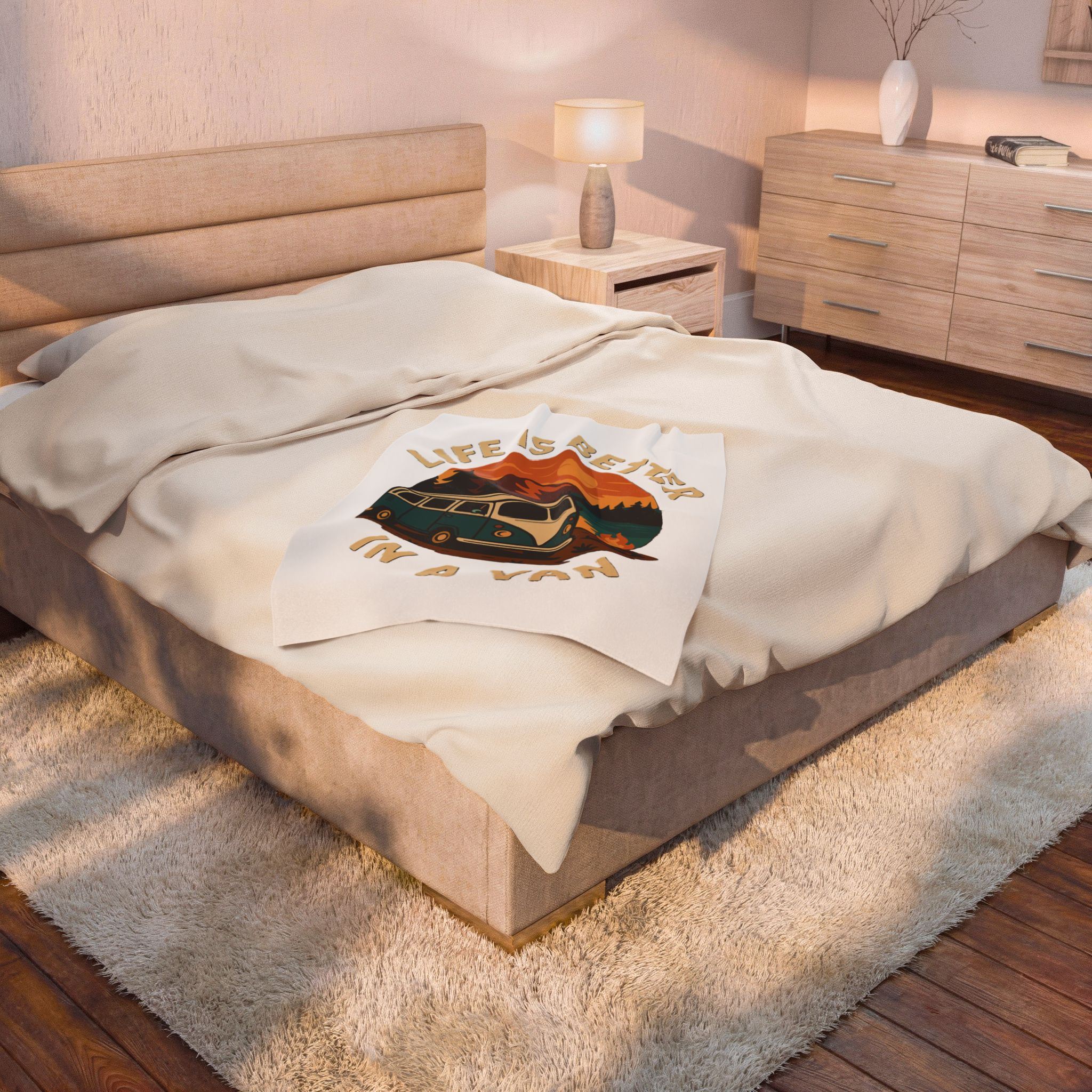 Velveteen Plush Blanket – "Life Is Better In A Van" Retro Campervan Camping Throw