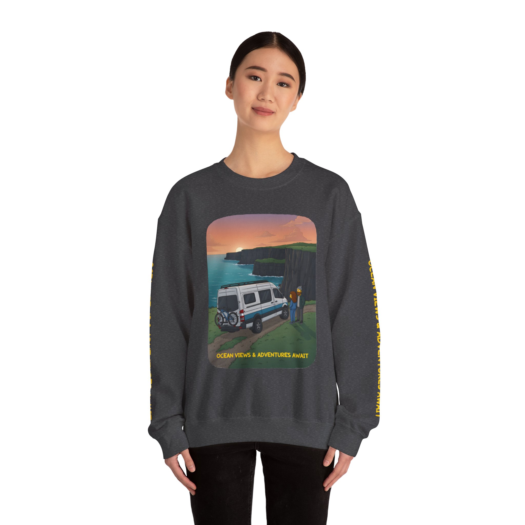 Unisex Heavy Blend™ Crewneck Sweatshirt — "Ocean Views-Adventures Awaits" Design Sitcom-Line