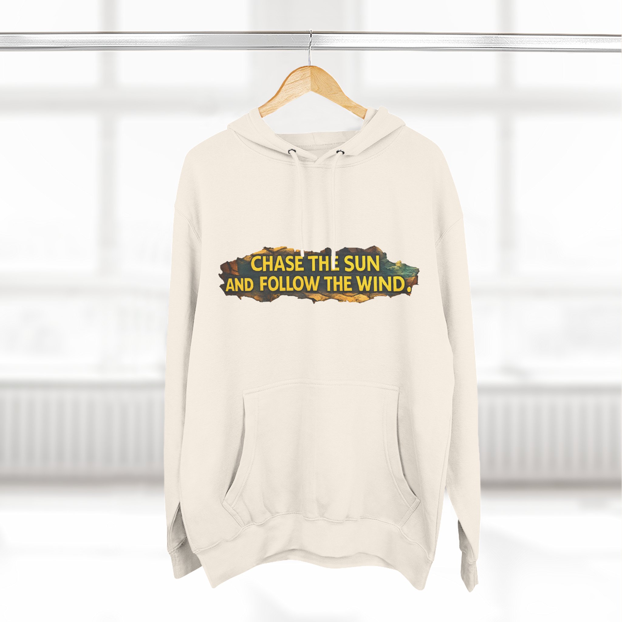 Three-Panel Fleece Hoodie - "Chase The Sun And Follow The Wind" Design Cubic-Line