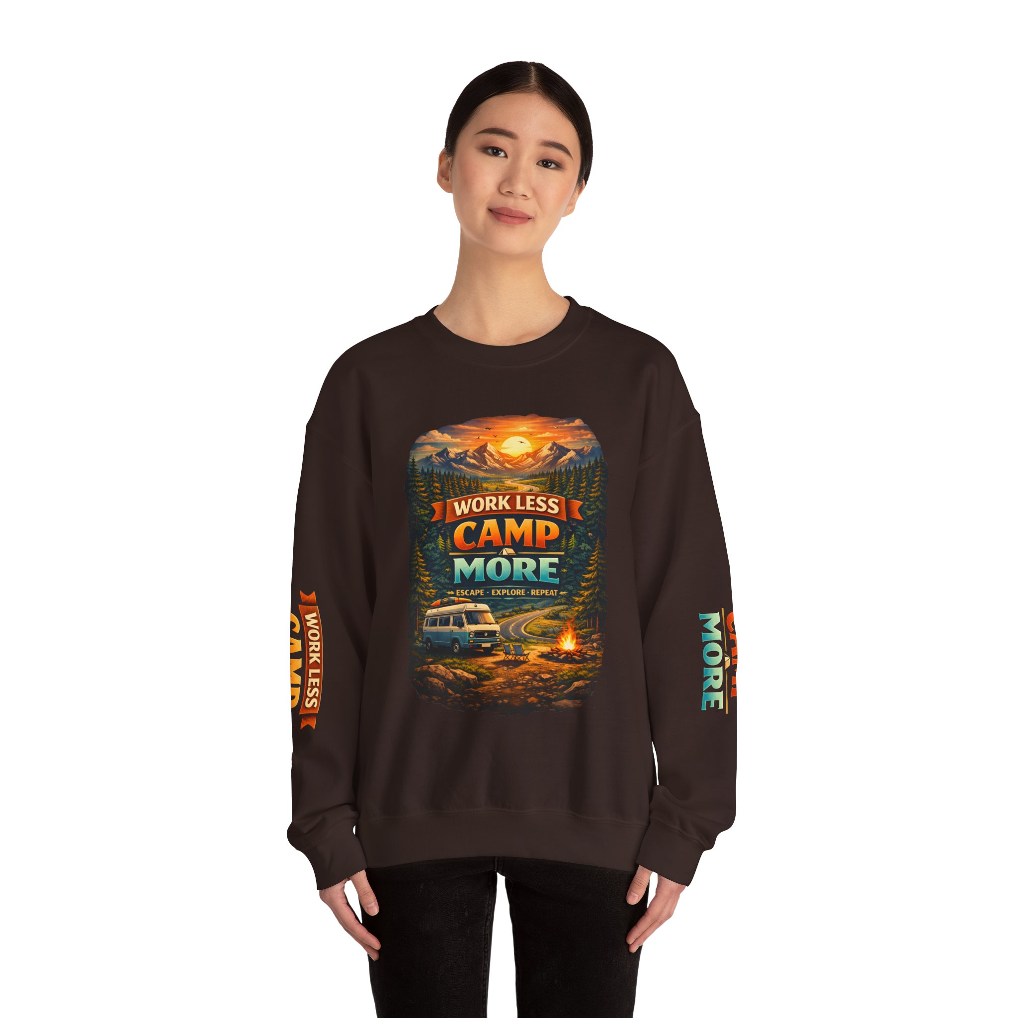Unisex Heavy Blend™ Crewneck Sweatshirt — "Work Less-Camp More" Design Scenic-Line