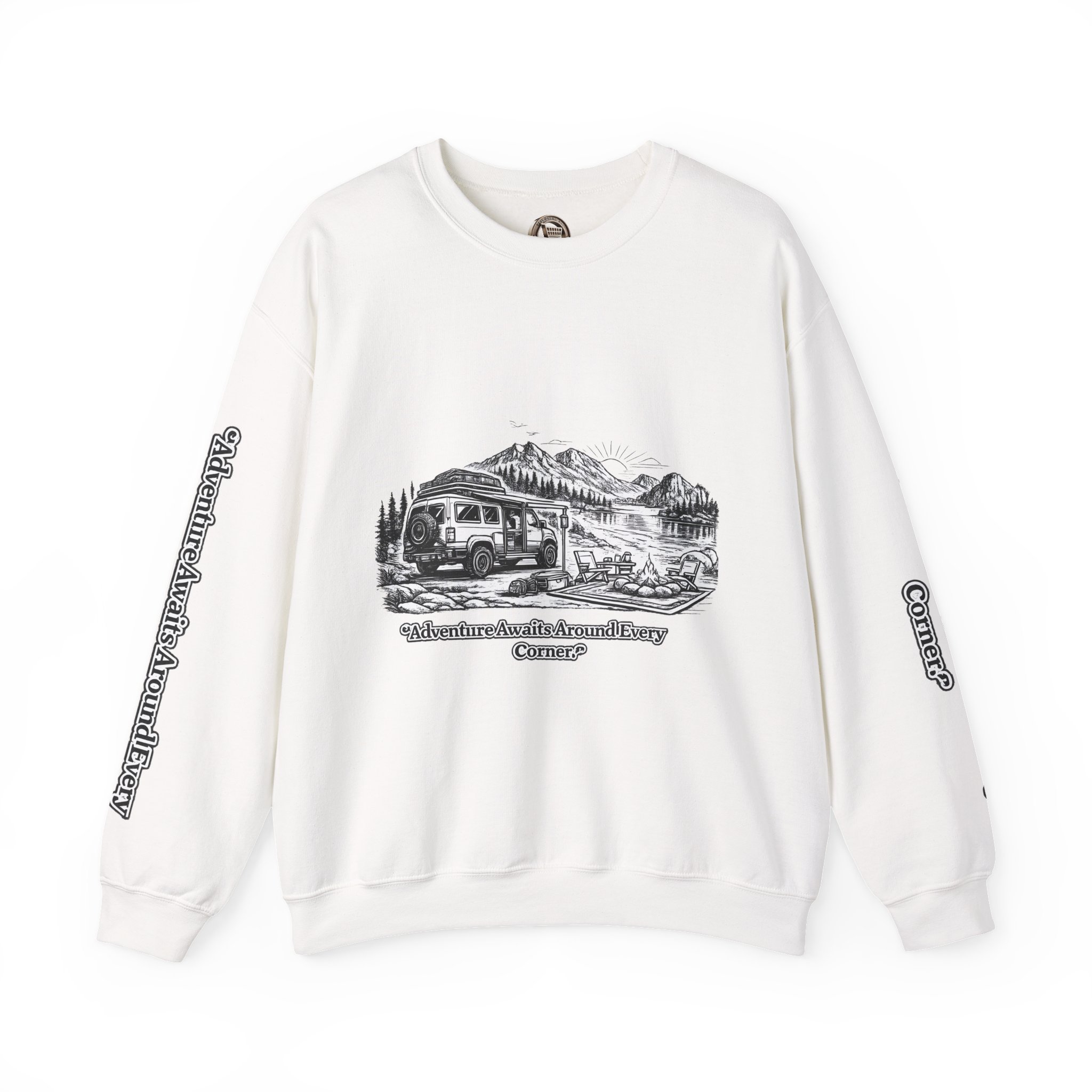 Unisex Heavy Blend™ Crewneck Sweatshirt — "Adventure Awaits Around Every Corner" Design Minimal-Line