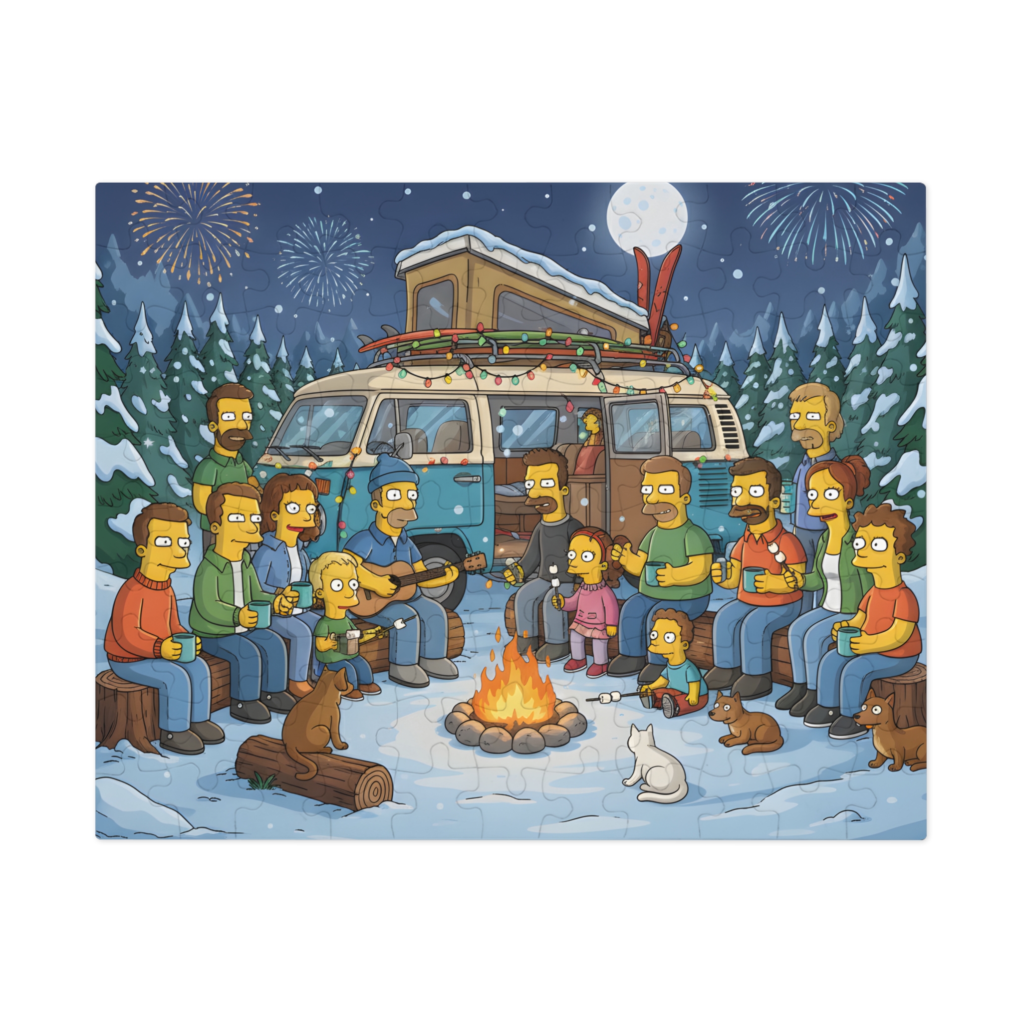 Jigsaw Puzzle with Tin — Winter Campfire Scene