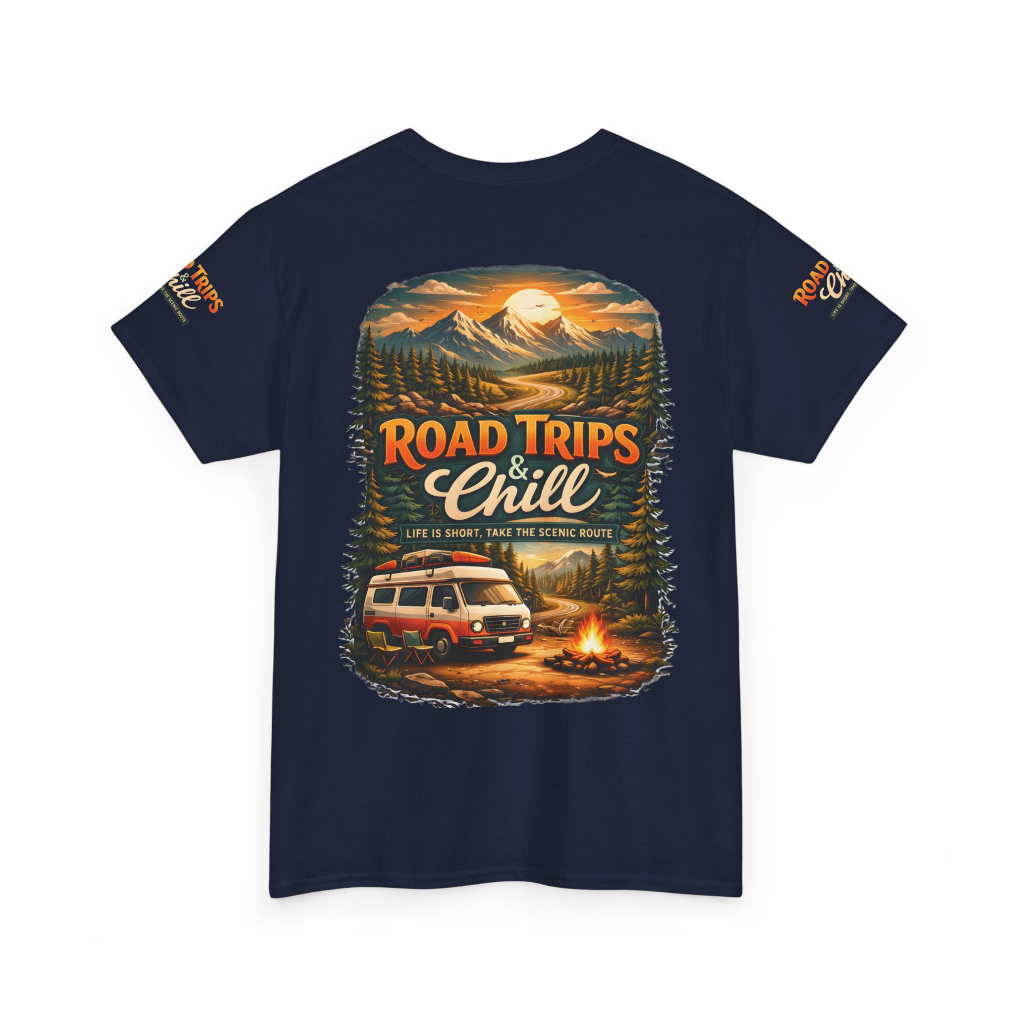 Unisex Heavy Cotton Tee — "Road Trips & Chill" Design Scenic-Line