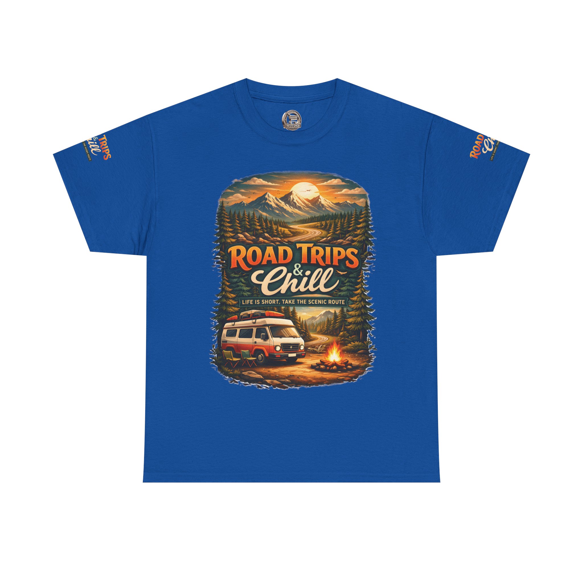 Unisex Heavy Cotton Tee — "Road Trips & Chill" Design Scenic-Line