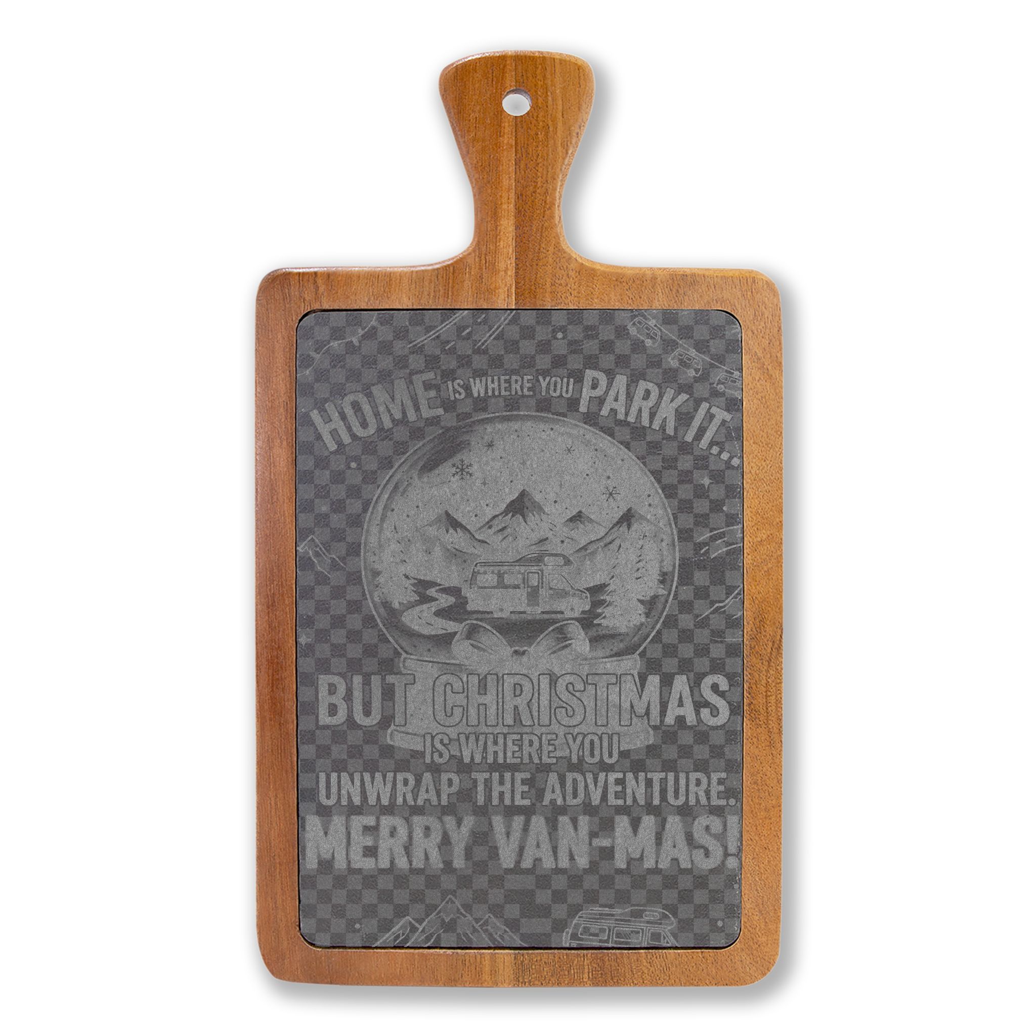 "Gift" Engraved Oak Charcuterie Board with Cheese Tools — "Home Is Where You Park It-But Christmas Is Where You Unwrap The Adventure - Merry Van-mas"