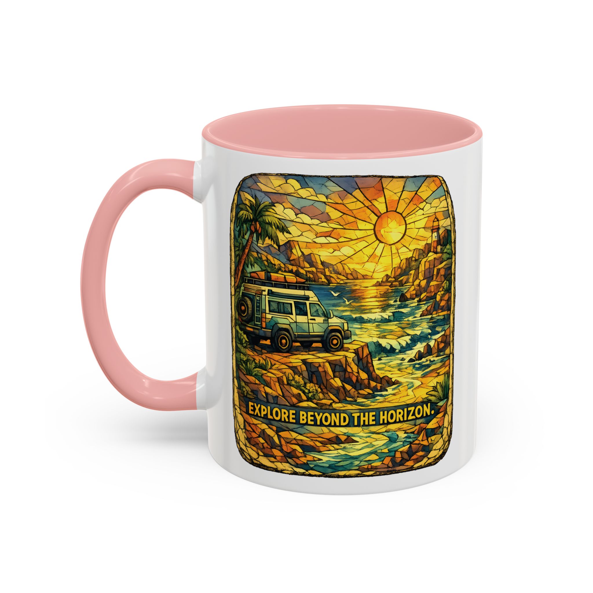 Accent Coffee Mug (11, 15oz) — "Explore Beyond The Horizon" Design Cubic-Line