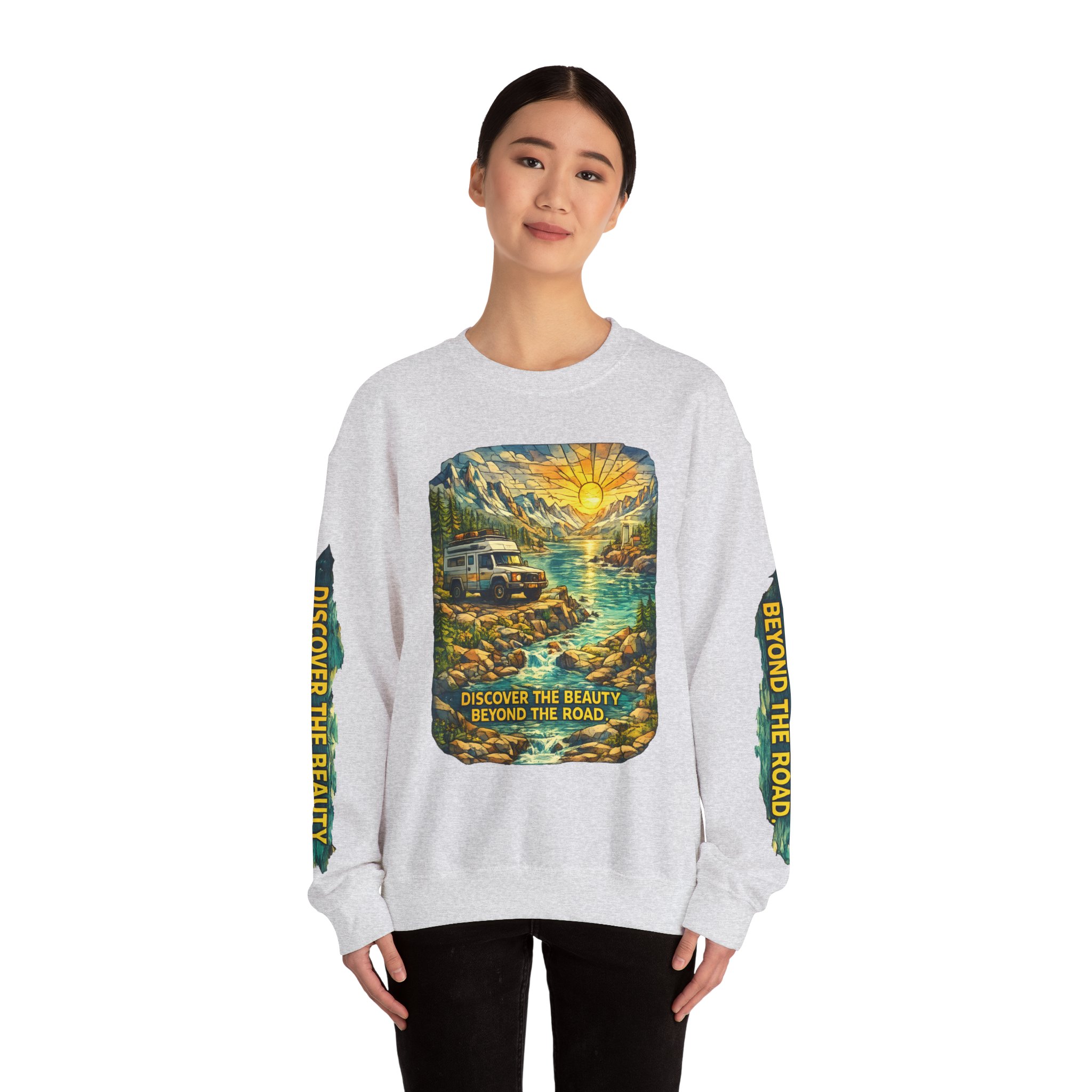 Unisex Heavy Blend™ Crewneck Sweatshirt — "Discover The Bieuty Beyond The Road" Design Cubic-Line