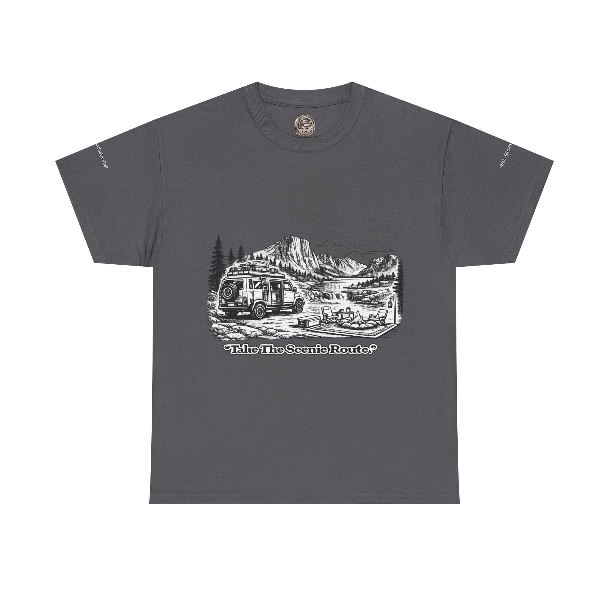 Unisex Heavy Cotton Tee — "Take The Scenic Route" Design Minimal-Line