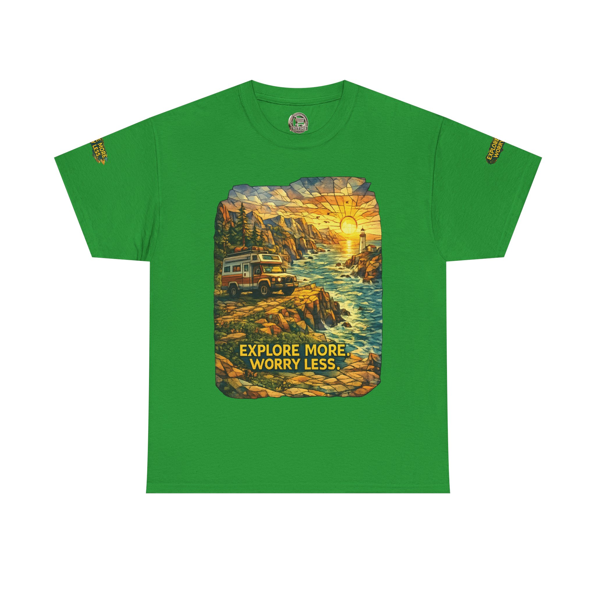 Unisex Heavy Cotton Tee — "Explore More Worry Less" Design Cubic-Line