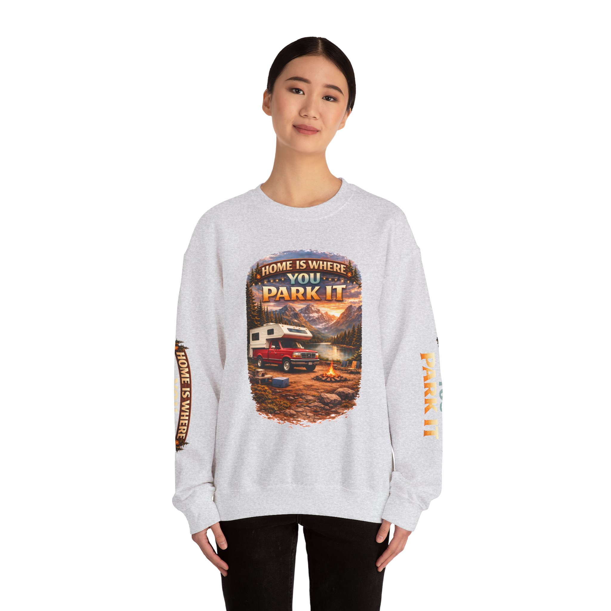 Unisex Heavy Blend™ Crewneck Sweatshirt — "Home Is Where You Park It" Design Scenic-Line