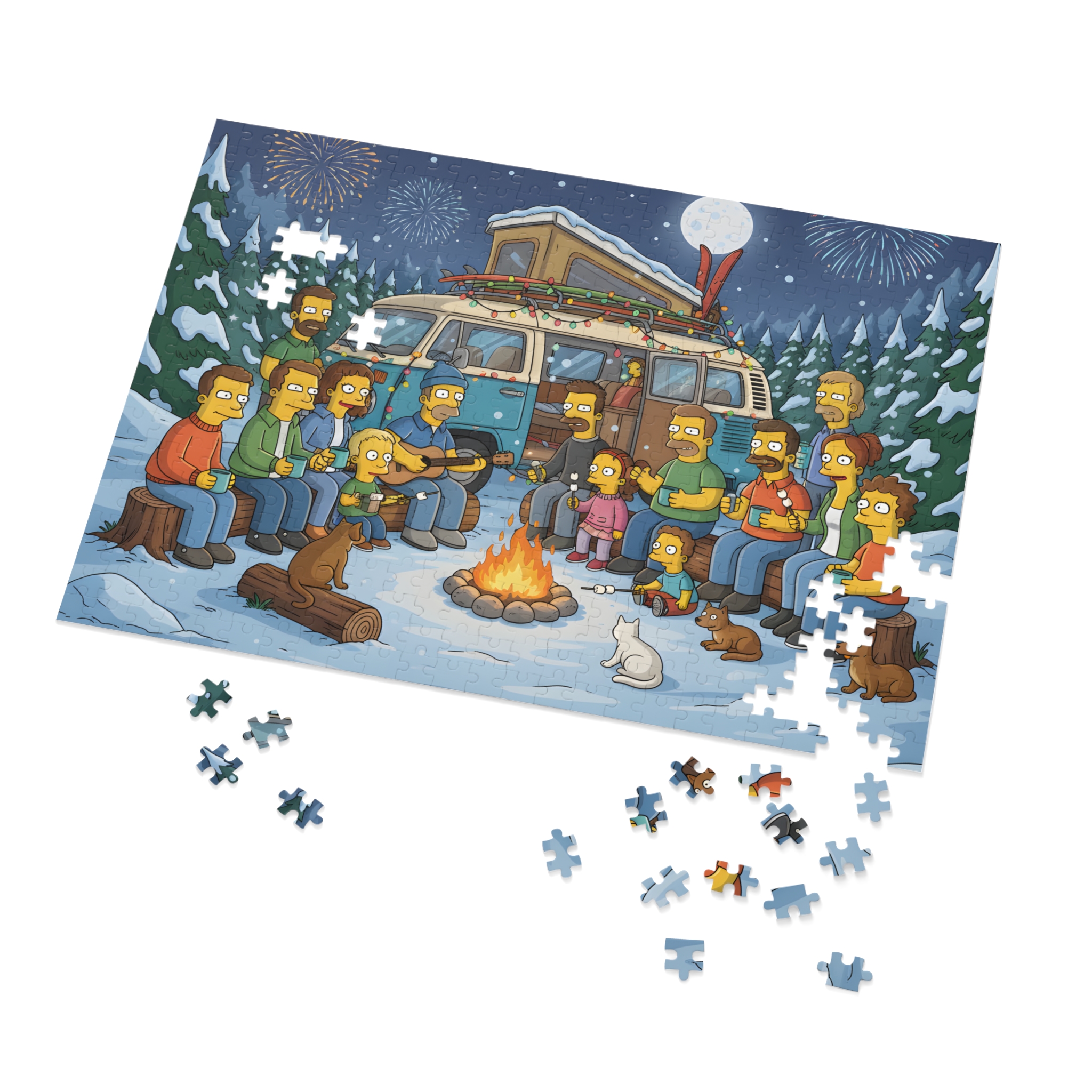 Jigsaw Puzzle with Tin — Winter Campfire Scene