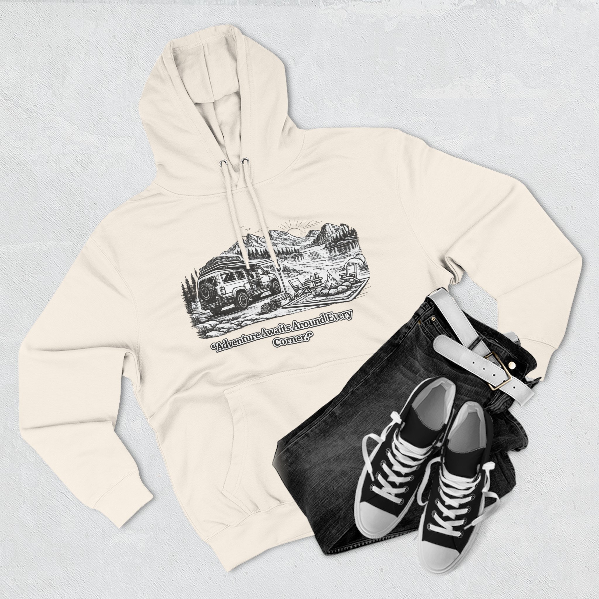 17758137027600125645_2048.jpeg Three-Panel Fleece Hoodie - "Adventure Awaits Around Every Corner" Design Minimal-Line