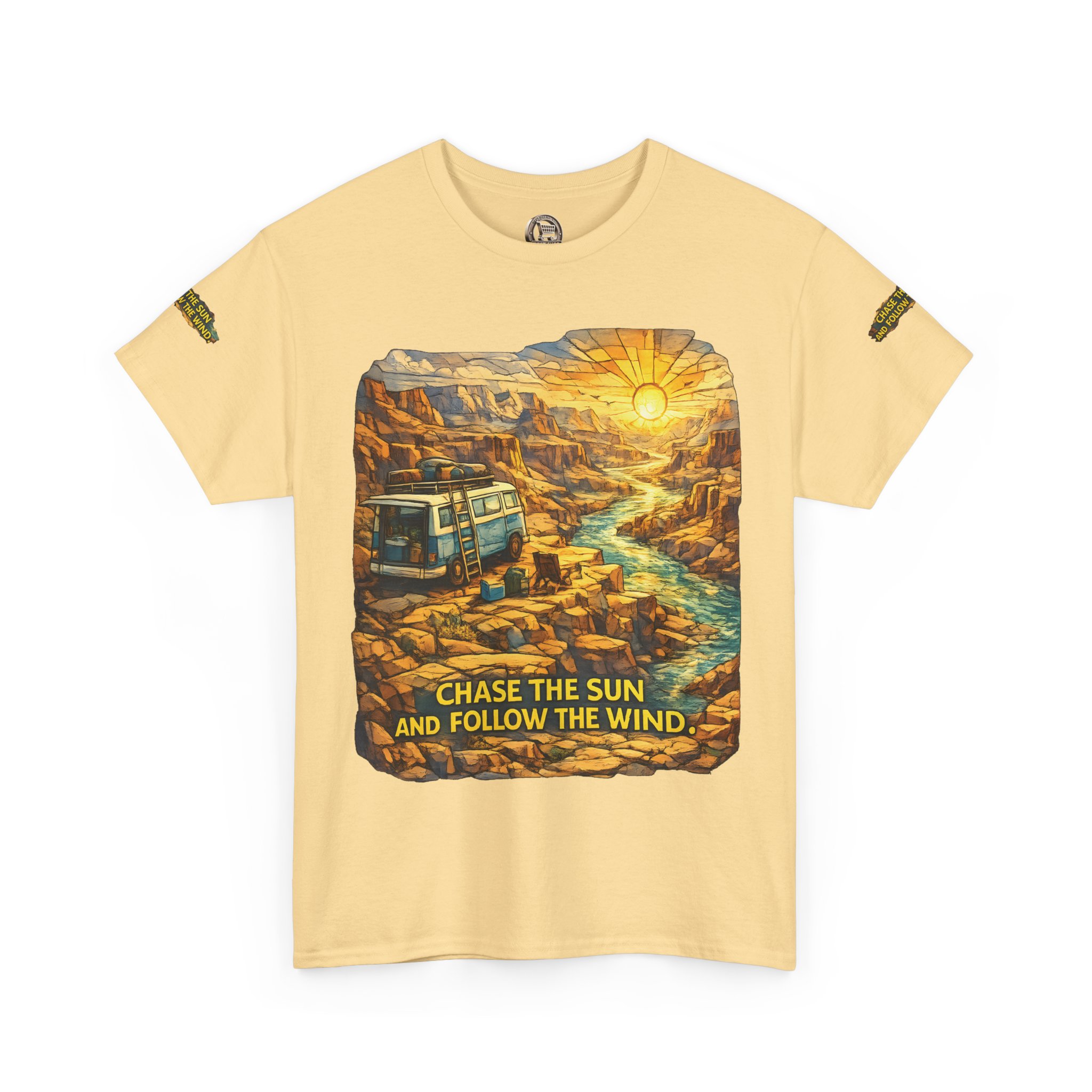 17763166010100575004_2048.jpeg Unisex Heavy Cotton Tee — "Chase The Sun And Follow The Wind" Design Cubic-Line