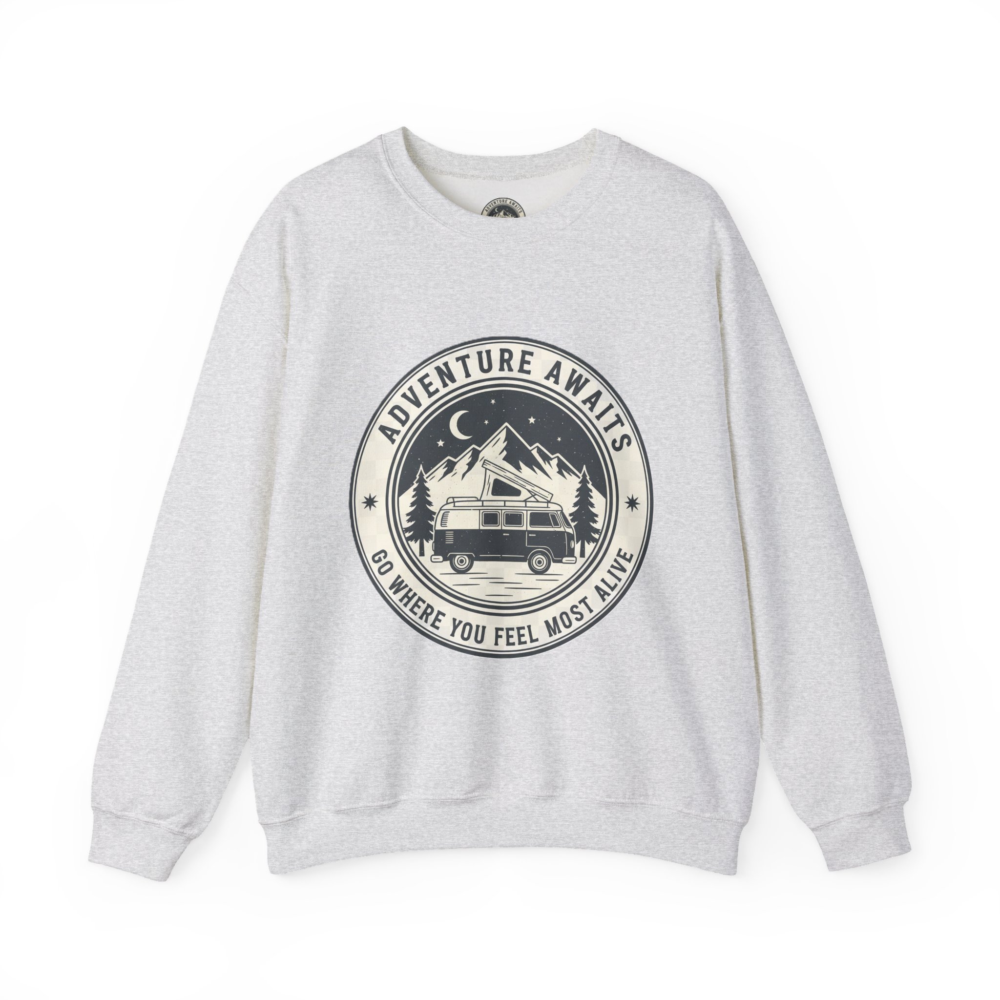 17773447305484951943_2048.jpeg Crewneck Sweatshirt — "Adventure Awaits-Go Where You Feel Most Alive" (Only Font printed) Vintage Camper Van Outdoor Graphic