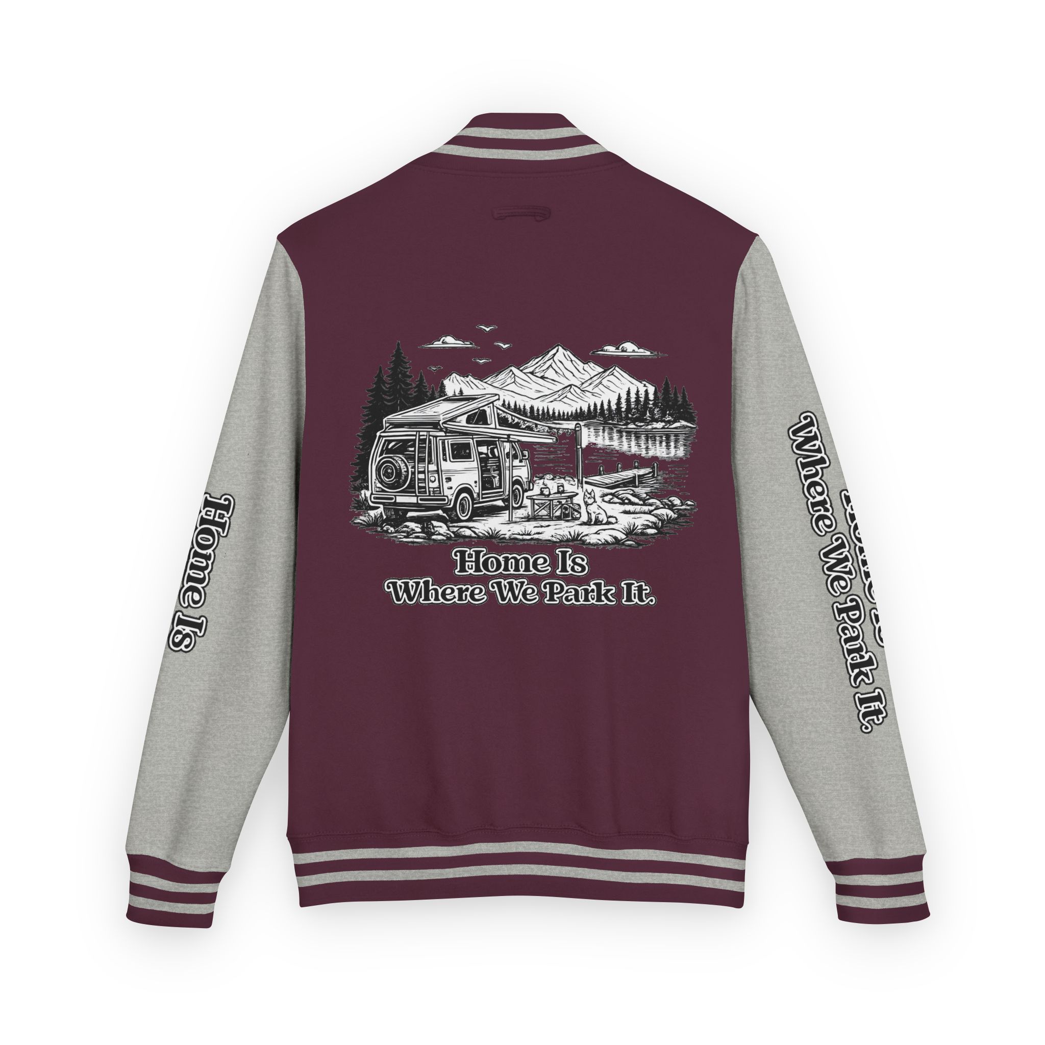 Unisex Heavyweight Letterman Jacket — "Home Is Where You Park It" Travel Varsity Coat