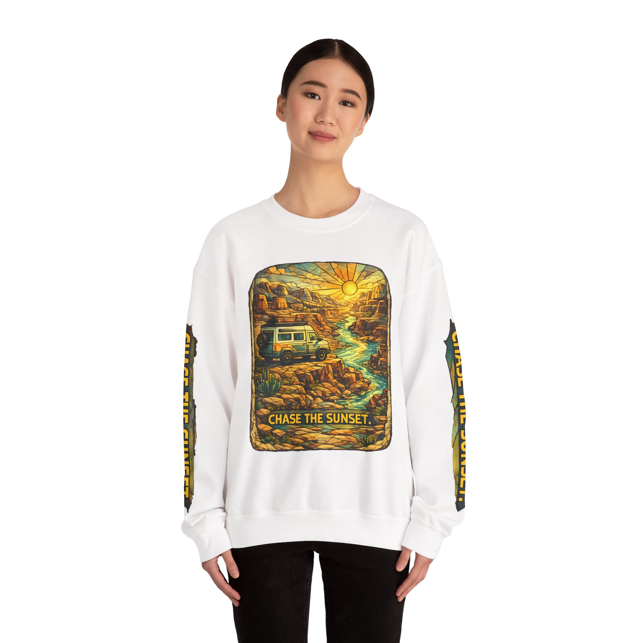 Unisex Heavy Blend™ Crewneck Sweatshirt — "Chase The Sunset" Design Cubic-Line