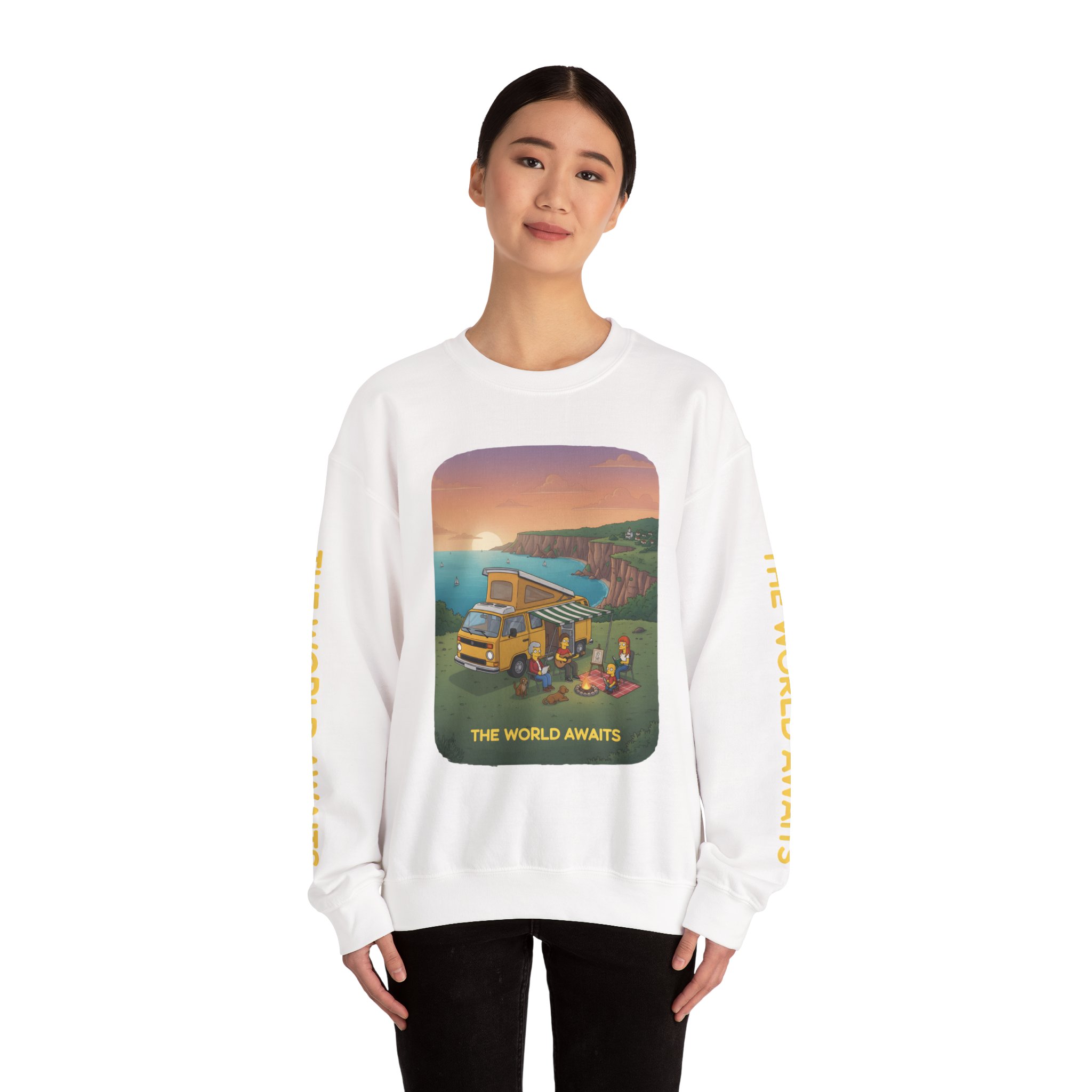 Unisex Heavy Blend™ Crewneck Sweatshirt — "The World Awaits" Design Sitcom-Line