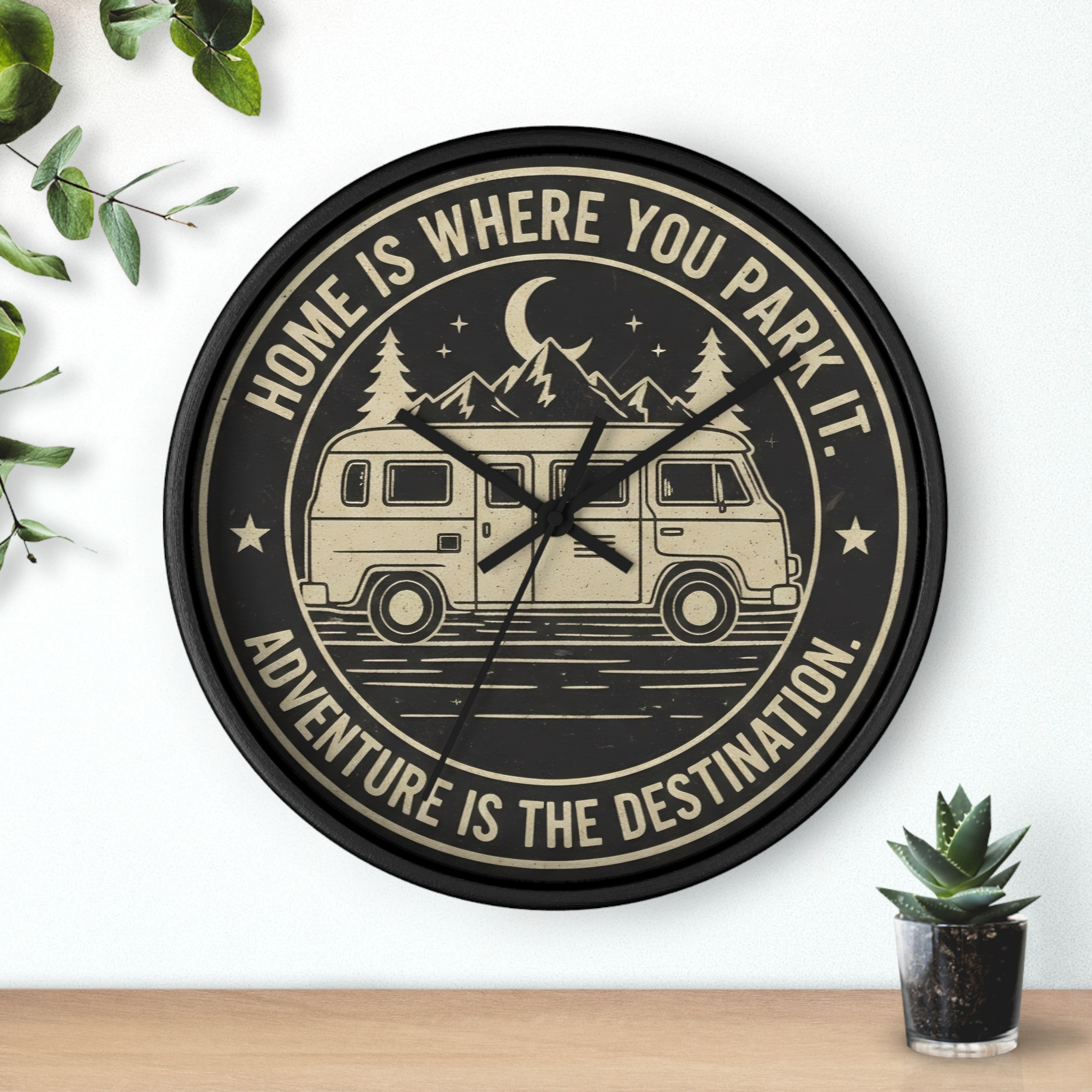 Wall Clock — "Home Is Where You Park It-Adventure is the destination" Camper Van Mountain Travel Timepiece