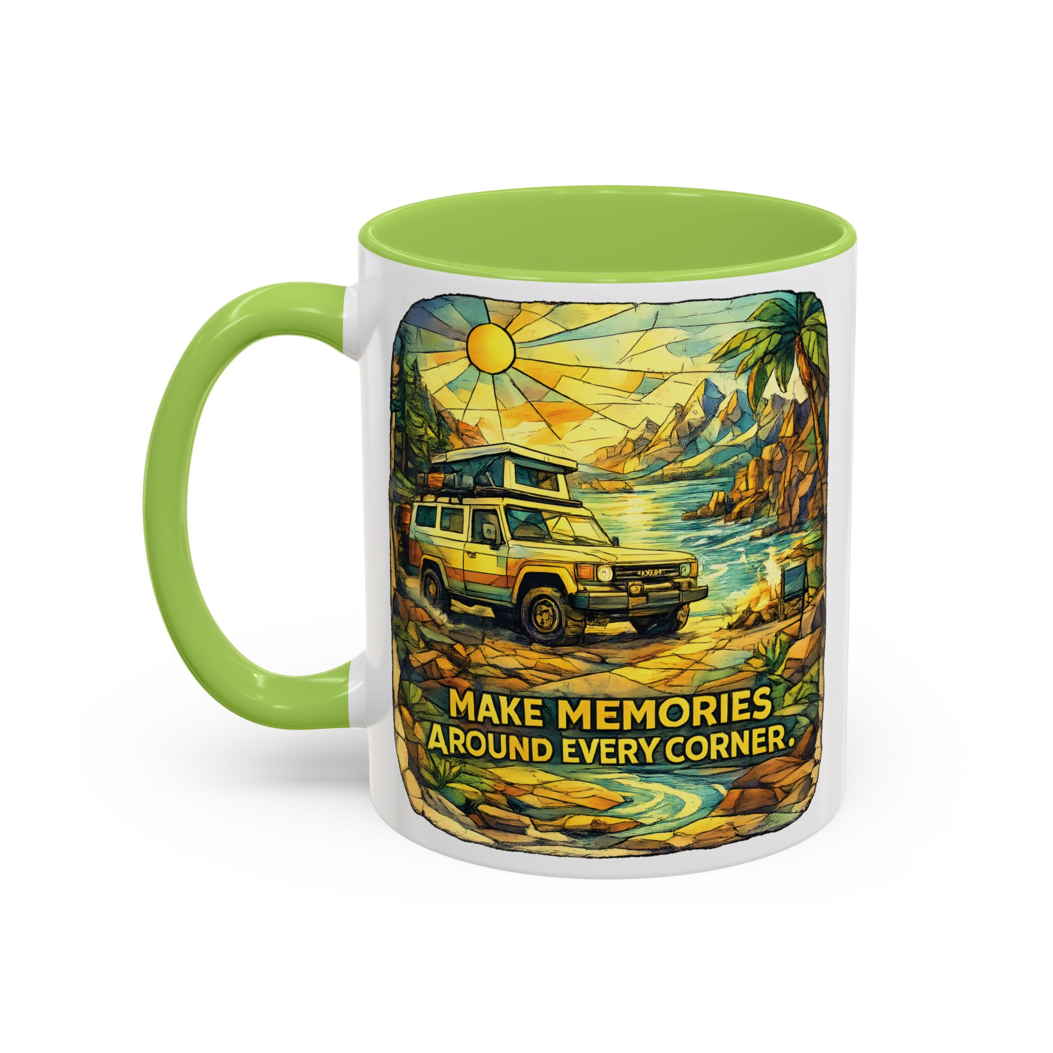 Accent Coffee Mug (11, 15oz) — "Make Memories Around Every Corner" Design Cubic-Line