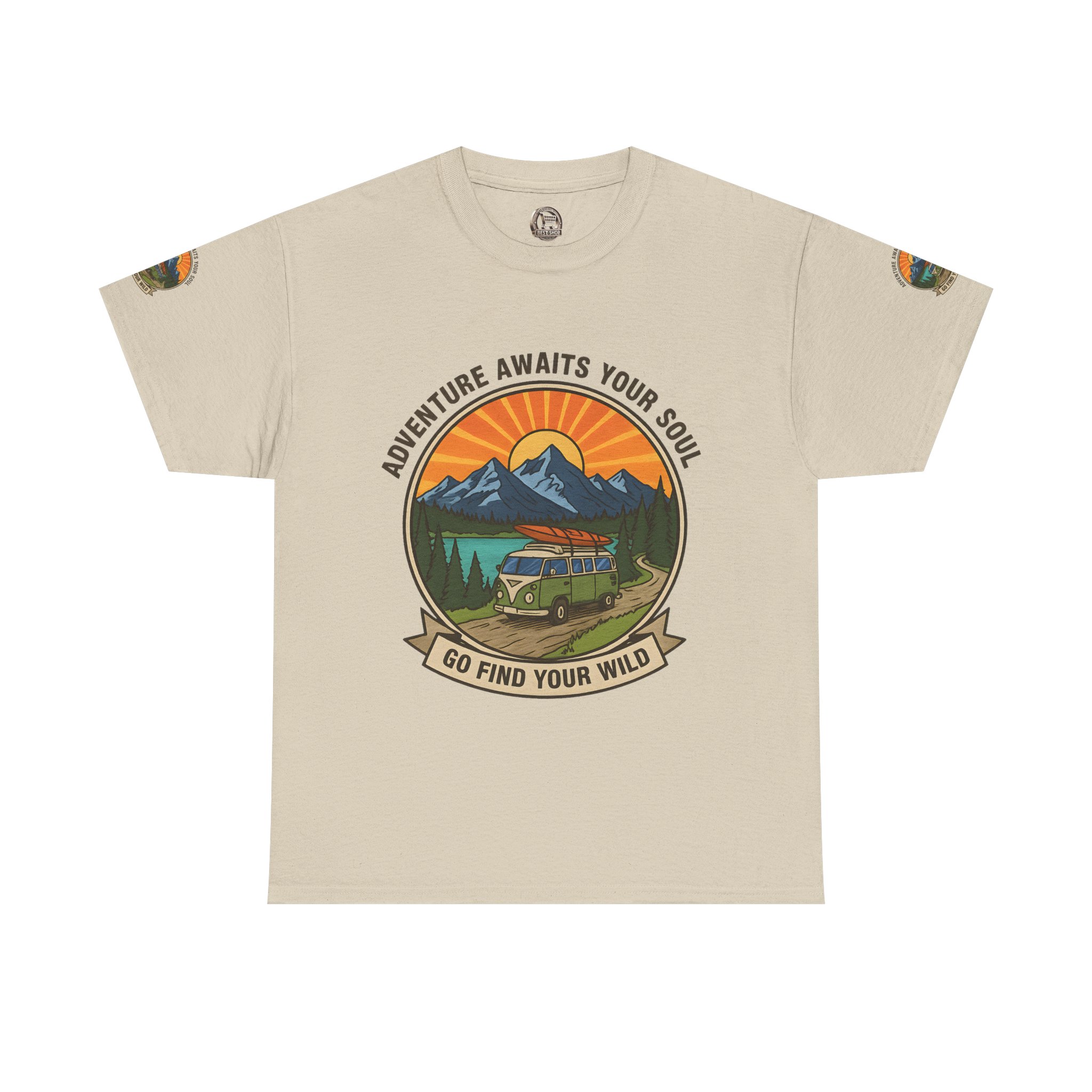 Unisex Heavy Cotton Tee — “Adventure Awaits Your Soul: Go Find Your Wild” Van & Mountain Graphic