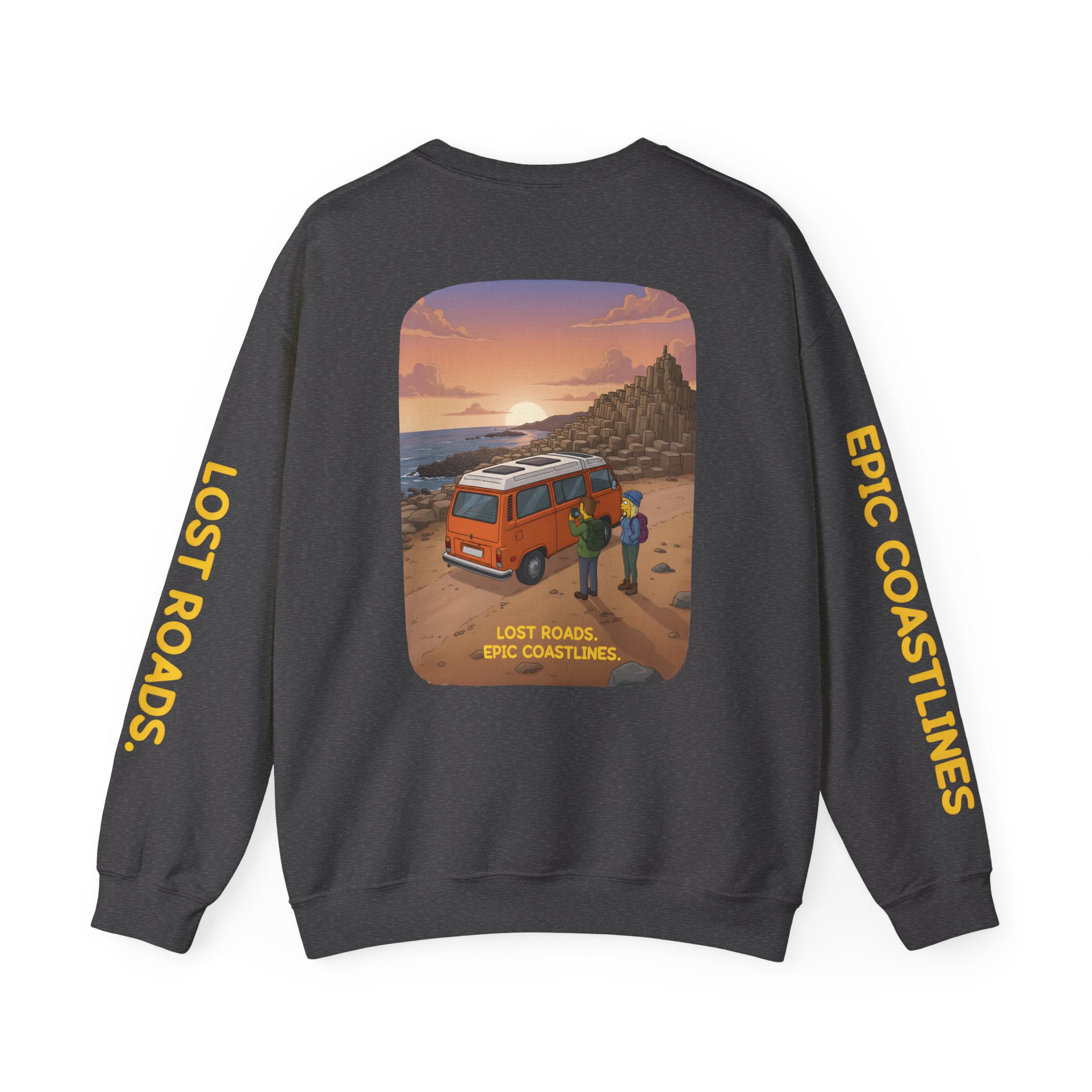 Unisex Heavy Blend™ Crewneck Sweatshirt — "Lost Roads Epic Coastlines" Design Sitcom-Line