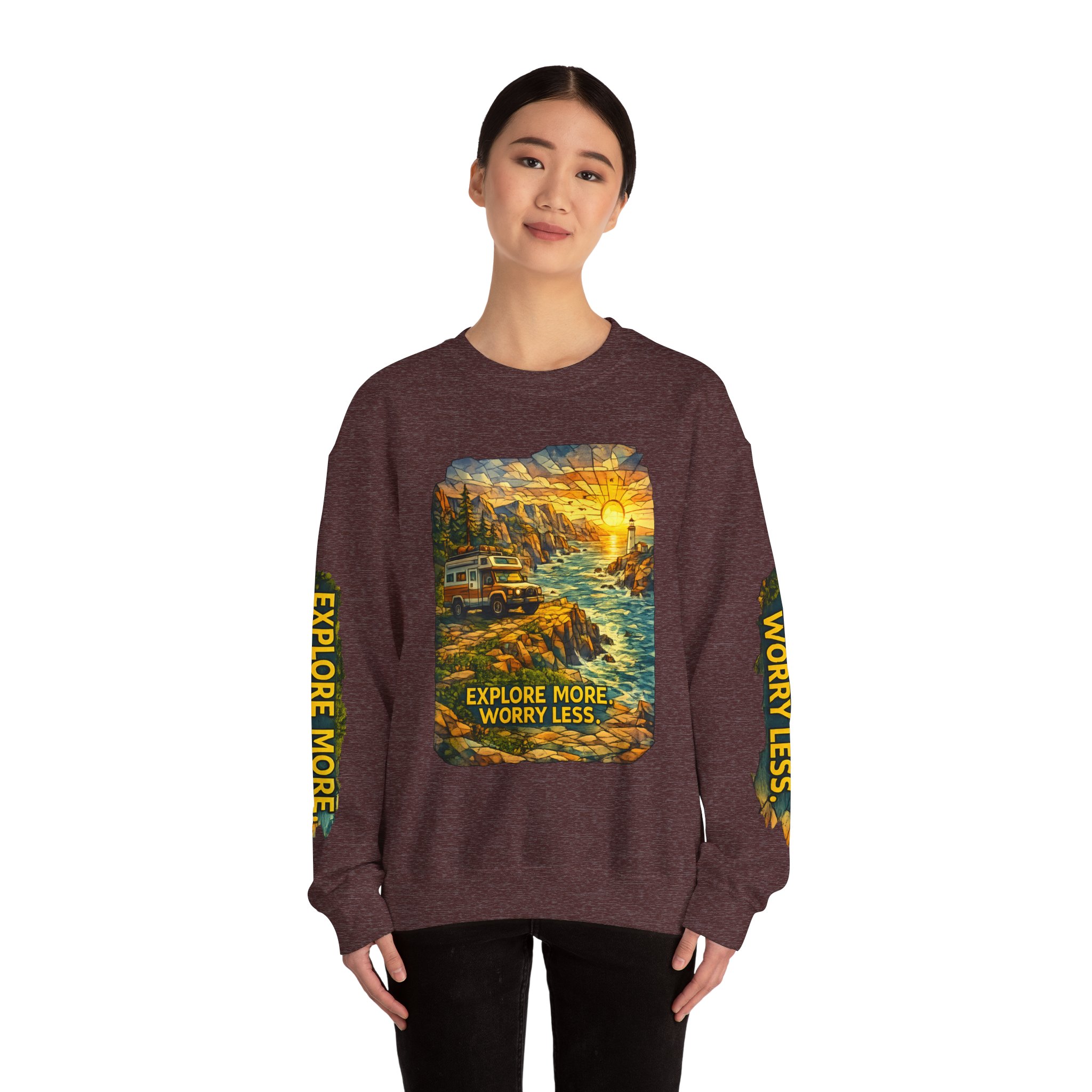 Unisex Heavy Blend™ Crewneck Sweatshirt — "Explore More Worry Less" Design Cubic-Line