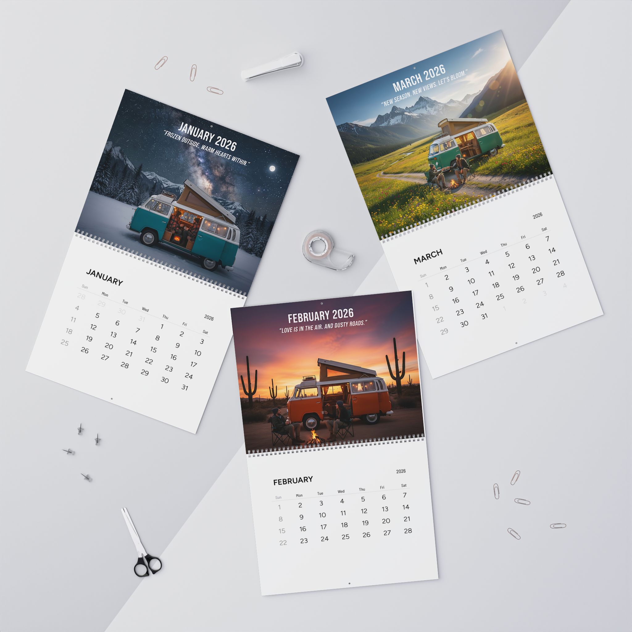 2026 Vintage Camper Wall Calendar — Adventure Van Travel Photography Calendar with Monthly Quotes