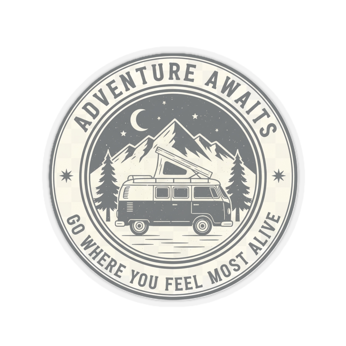 17852304750481456010_1200.jpeg Round Sticker — "Adventure Awaits-Go Where You Feel Most Alive" Camper Van Decal