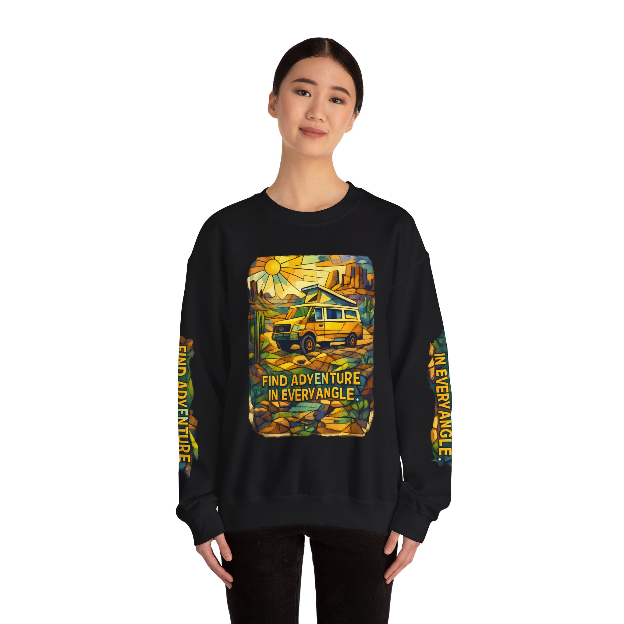 Unisex Heavy Blend™ Crewneck Sweatshirt — "Find Adventure In Every Corner" Design Cubic-Line