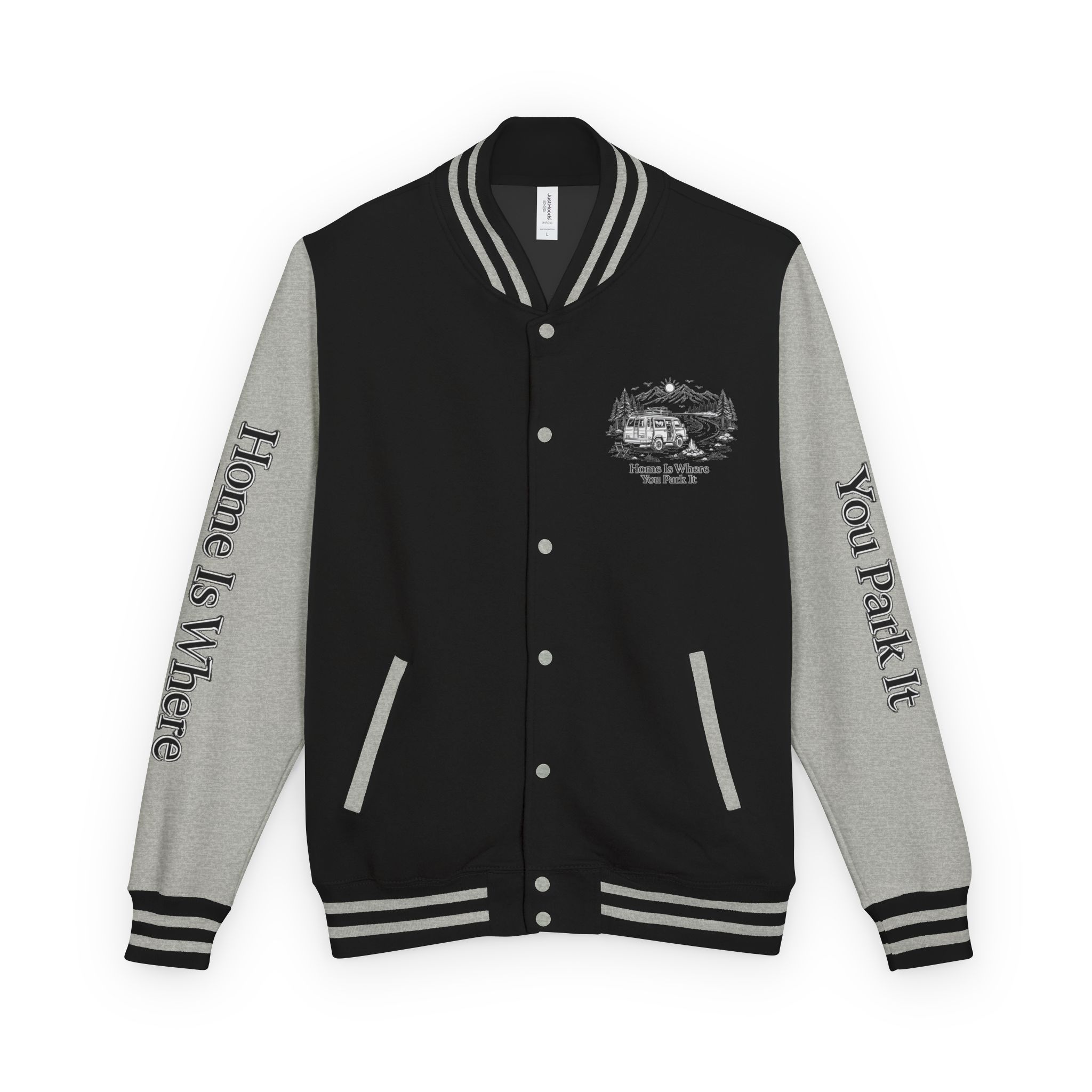 Unisex Heavyweight Letterman Jacket — "Home Is Where You Park It" Travel Varsity Coat