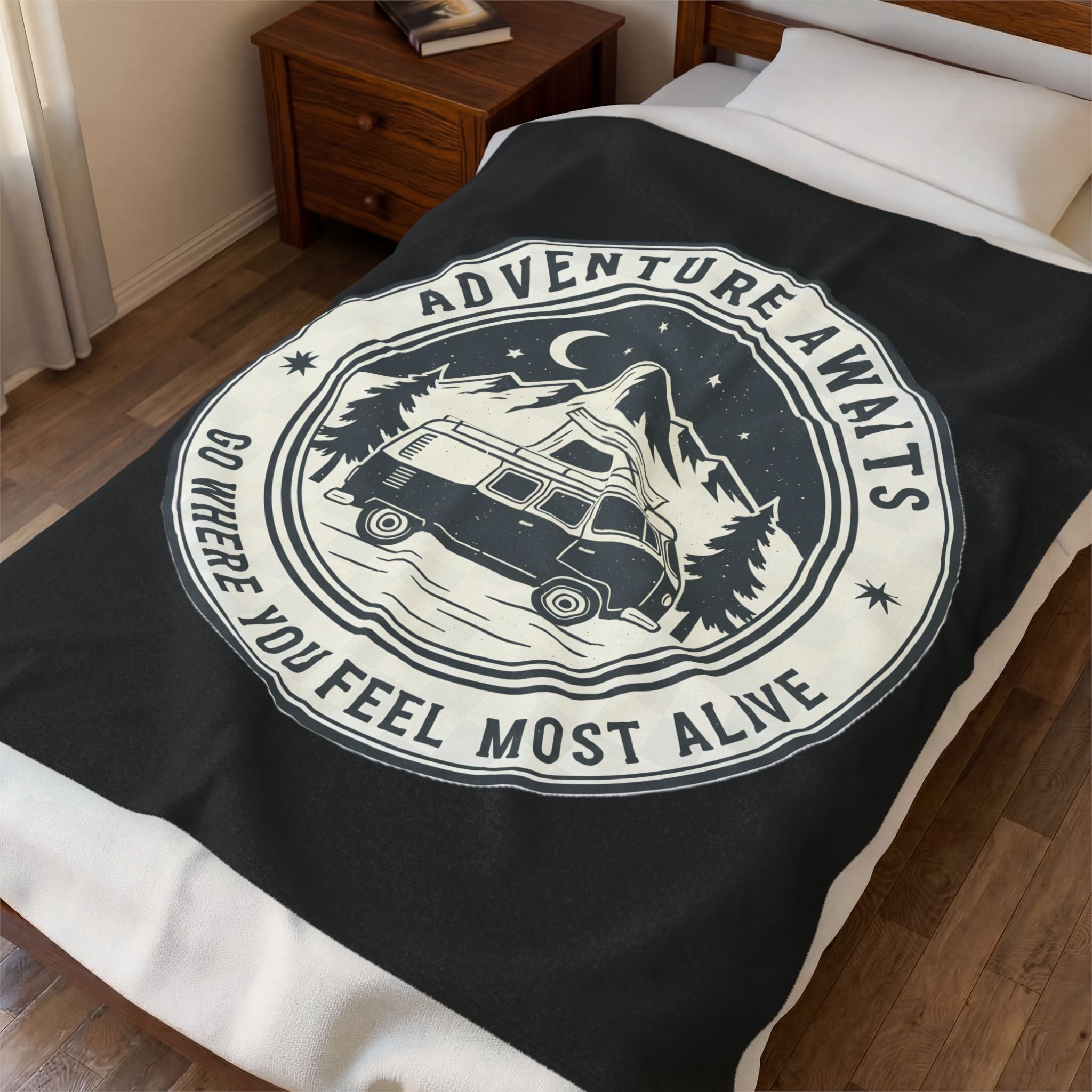 Velveteen Blanket —"Adventure Awaits-Go Where You Feel Most Alive" Camper Throw