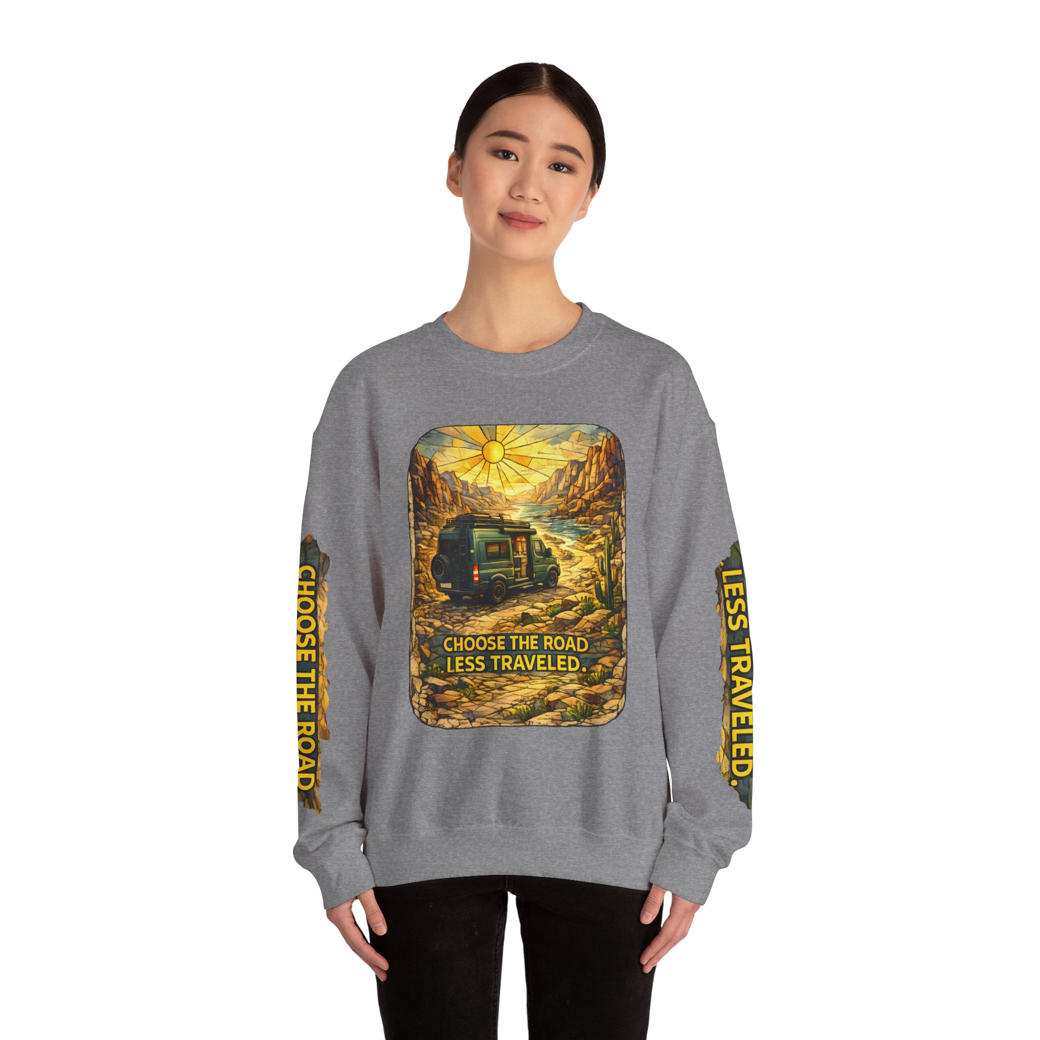 Unisex Heavy Blend™ Crewneck Sweatshirt — "Choose The Road Less Traveled" Design Cubic-Line