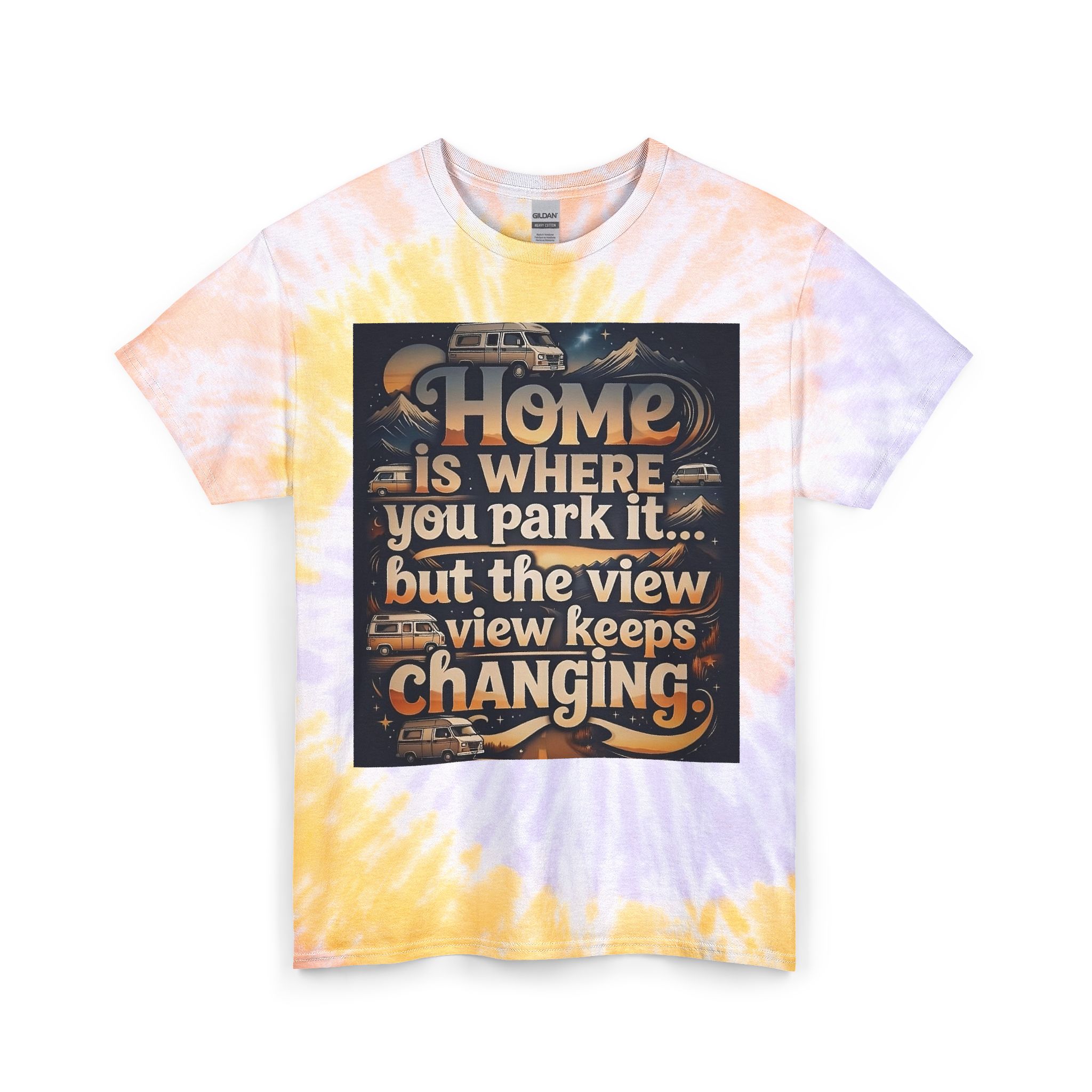 "NEW"Tie-Dye RV T‑Shirt — “"Home Is Where You Park It -But The View keep Changing"” Camper Travel Tee