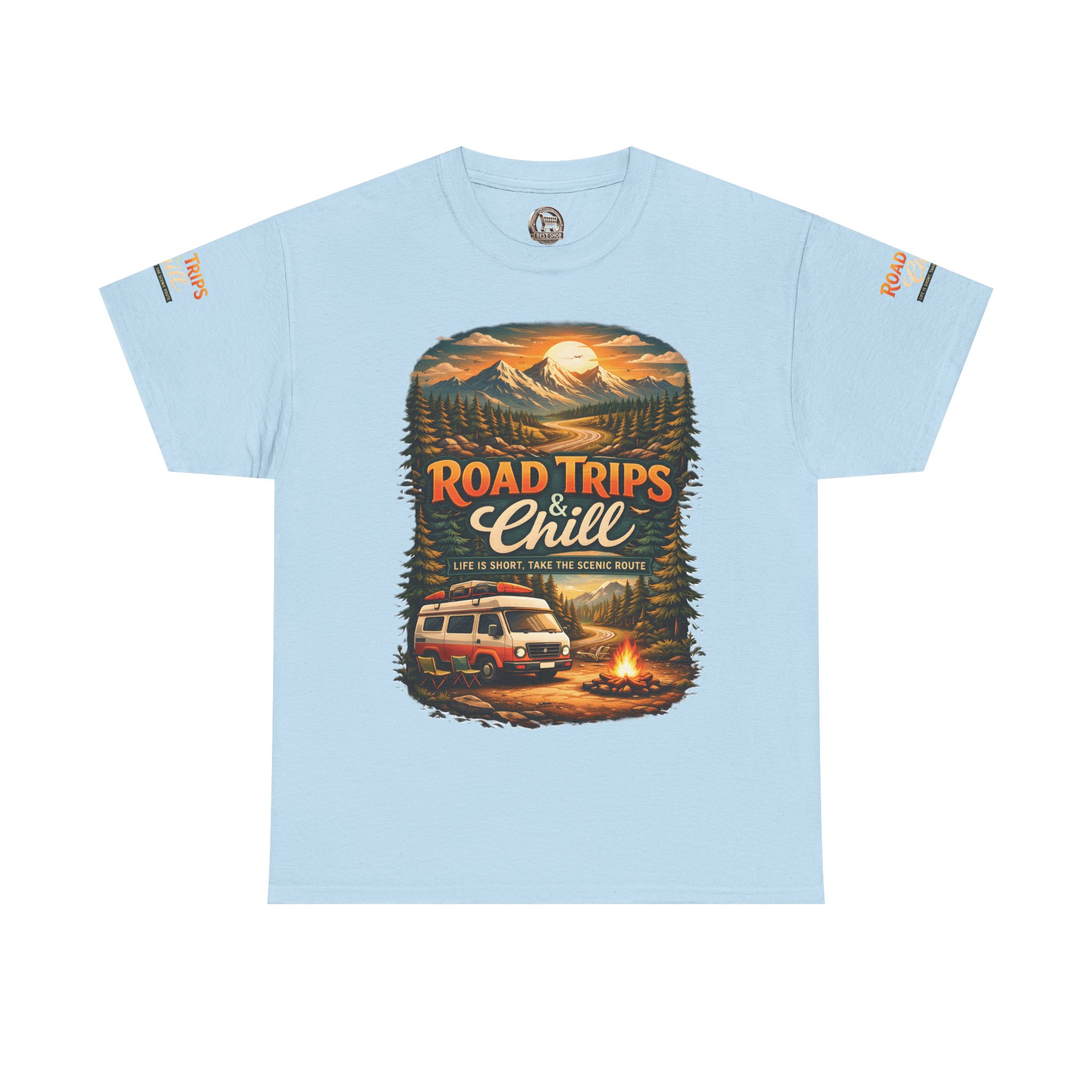 Unisex Heavy Cotton Tee — "Road Trips & Chill" Design Scenic-Line