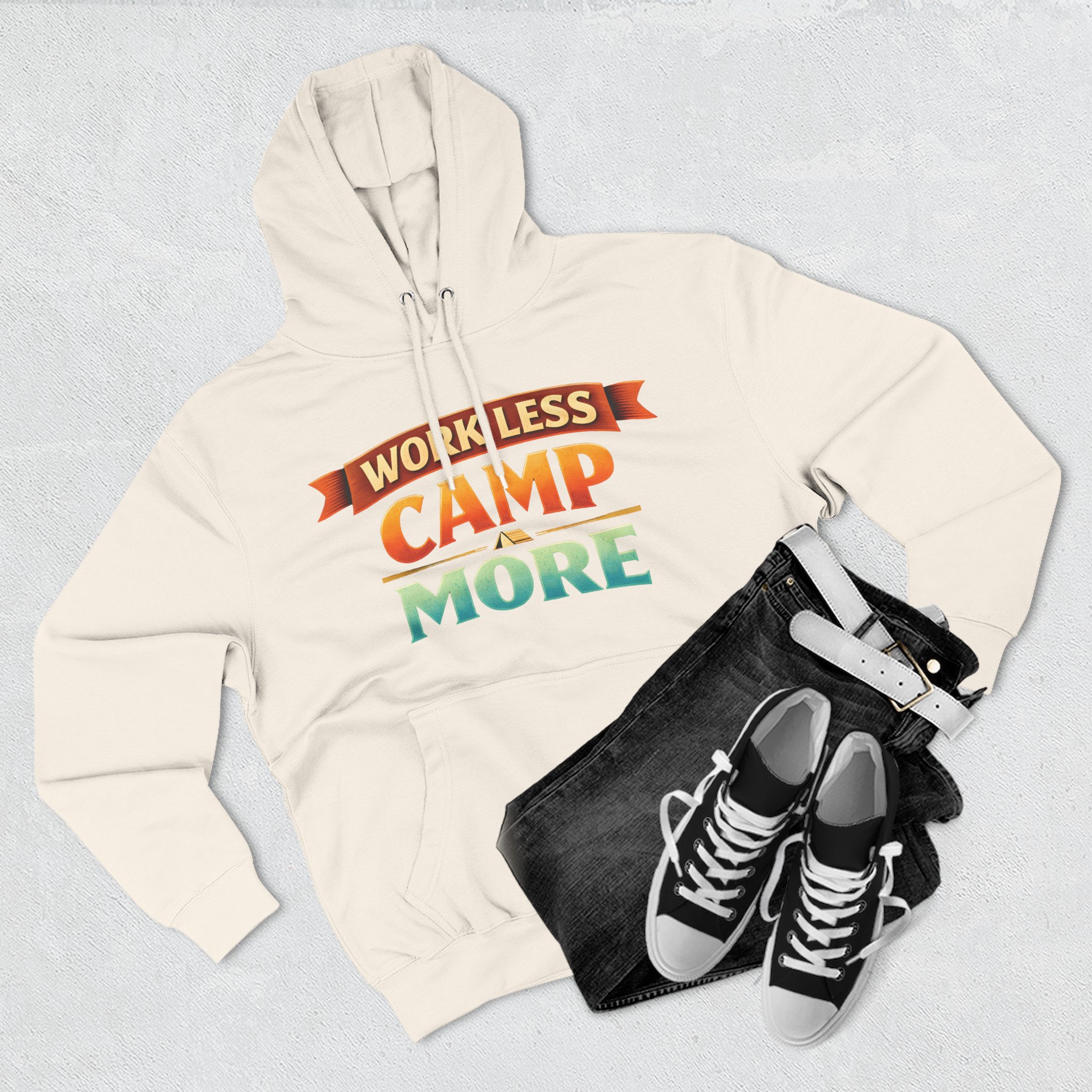 Three-Panel Fleece Hoodie - "Work Less-Camp More" Design Scenic-Line