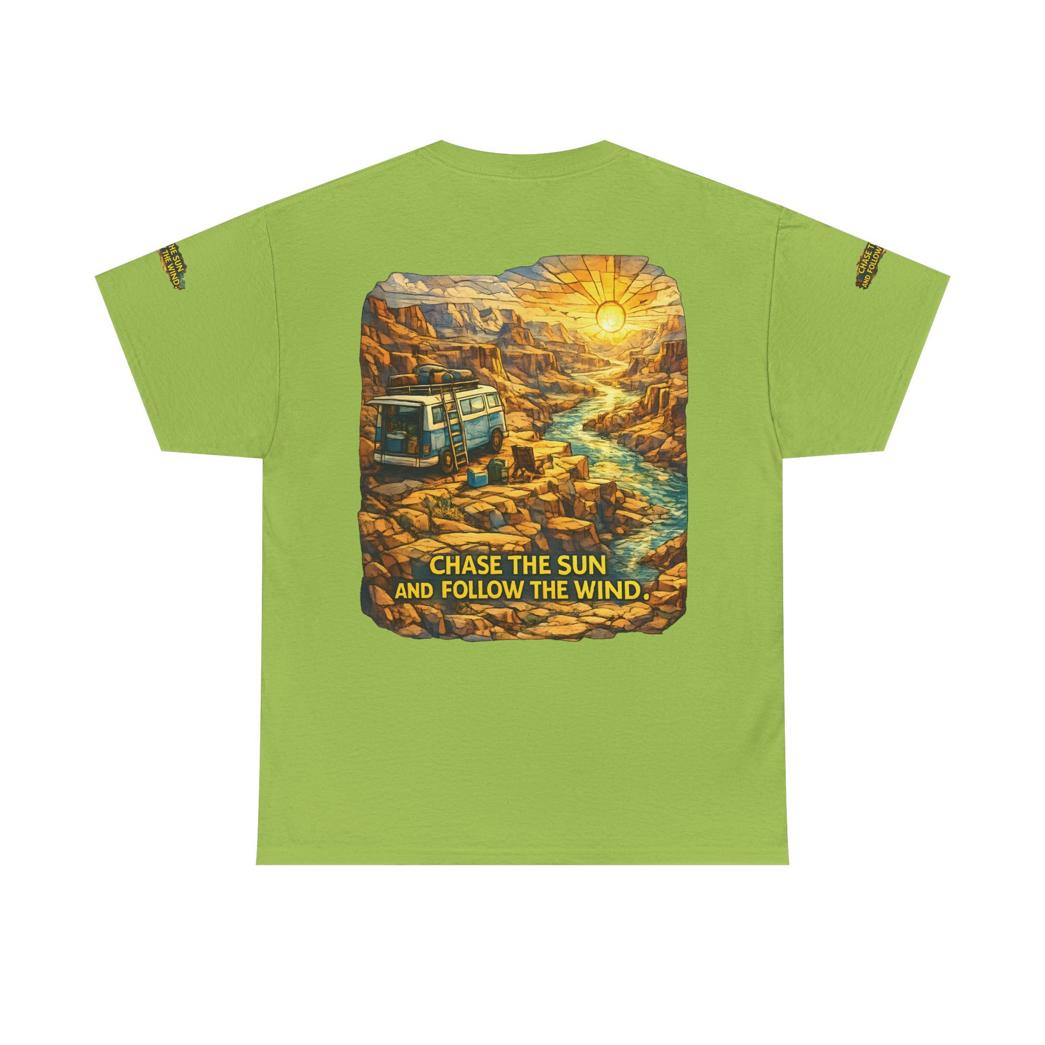 17928995317872648315_2048.jpeg Unisex Heavy Cotton Tee — "Chase The Sun And Follow The Wind" Design Cubic-Line