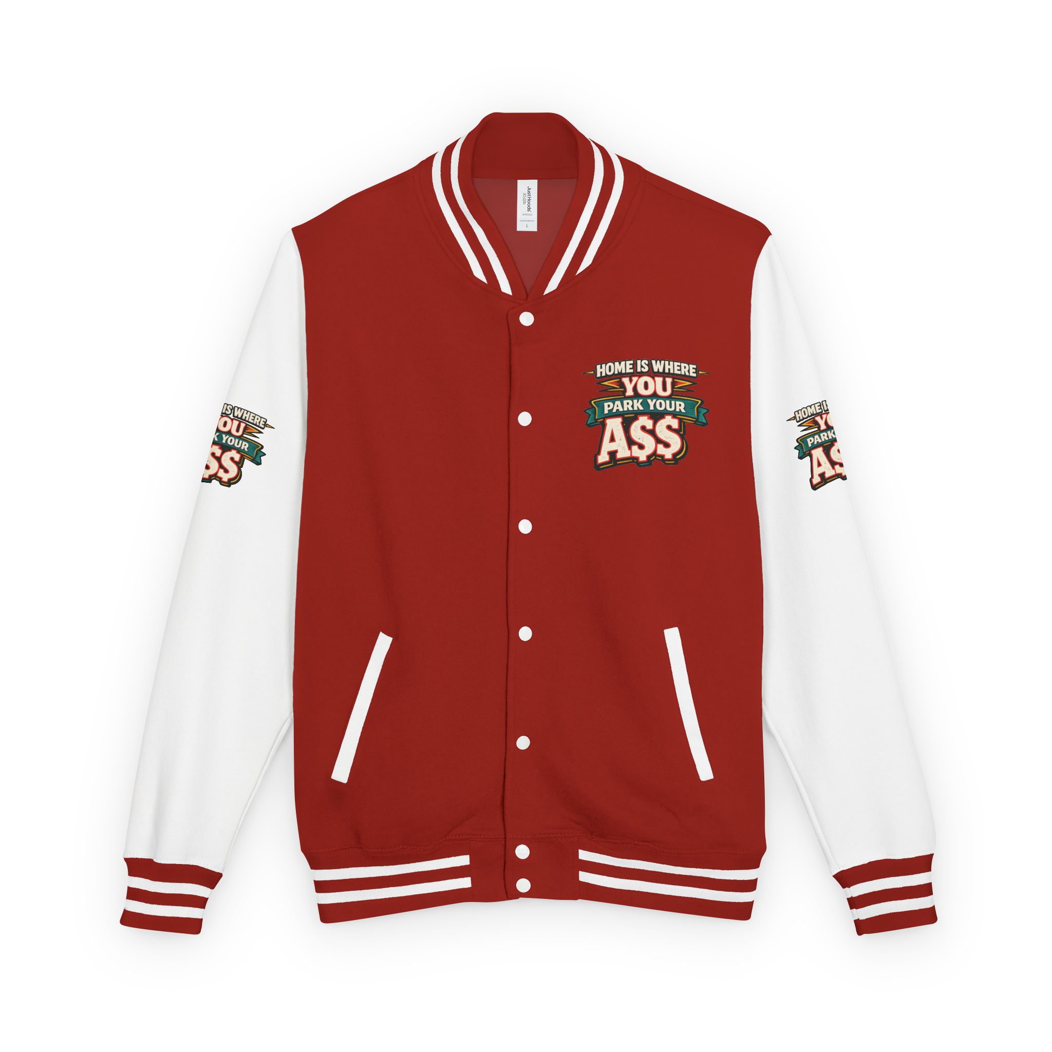17931865620443941077_2048-1.jpeg Unisex Heavyweight Letterman Jacket — "Home Is Where You Park Your Ass" Design F**K-Line