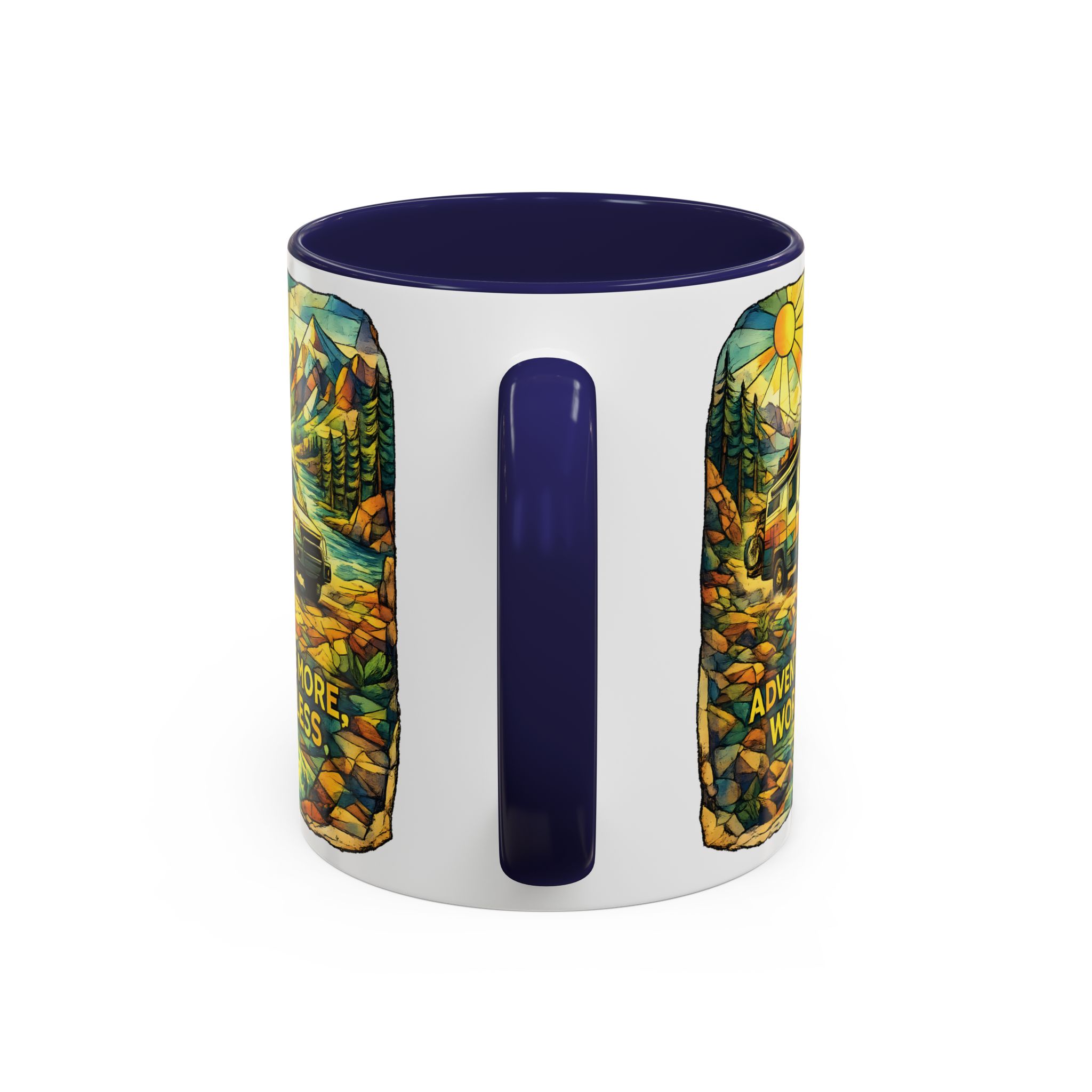 Accent Coffee Mug (11, 15oz) — "Adventure More Worry Less" Design Cubic-Line