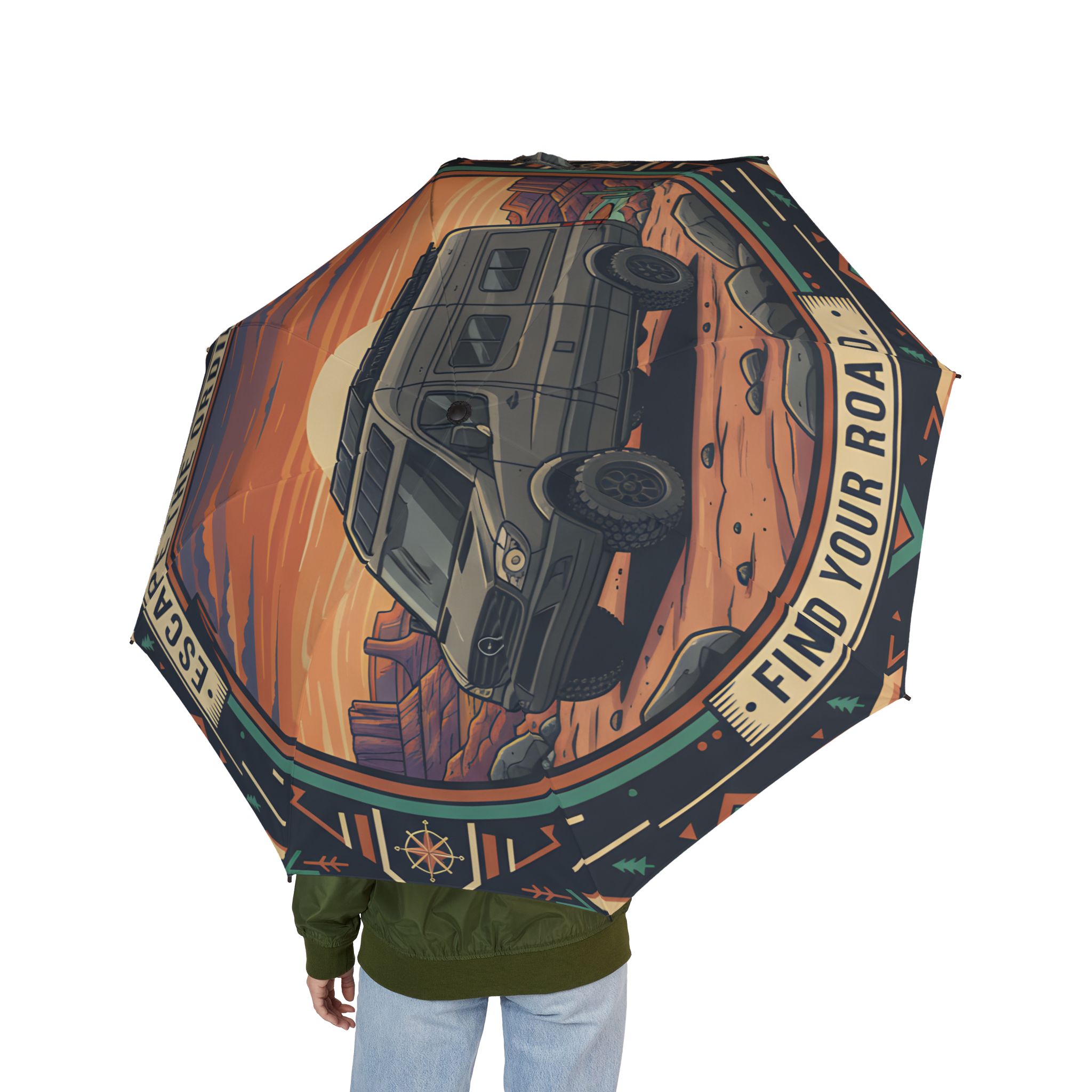 Semi-Automatic Foldable Umbrella — "Escape The Ordinary Find Your Road" Vintage Adventure Print