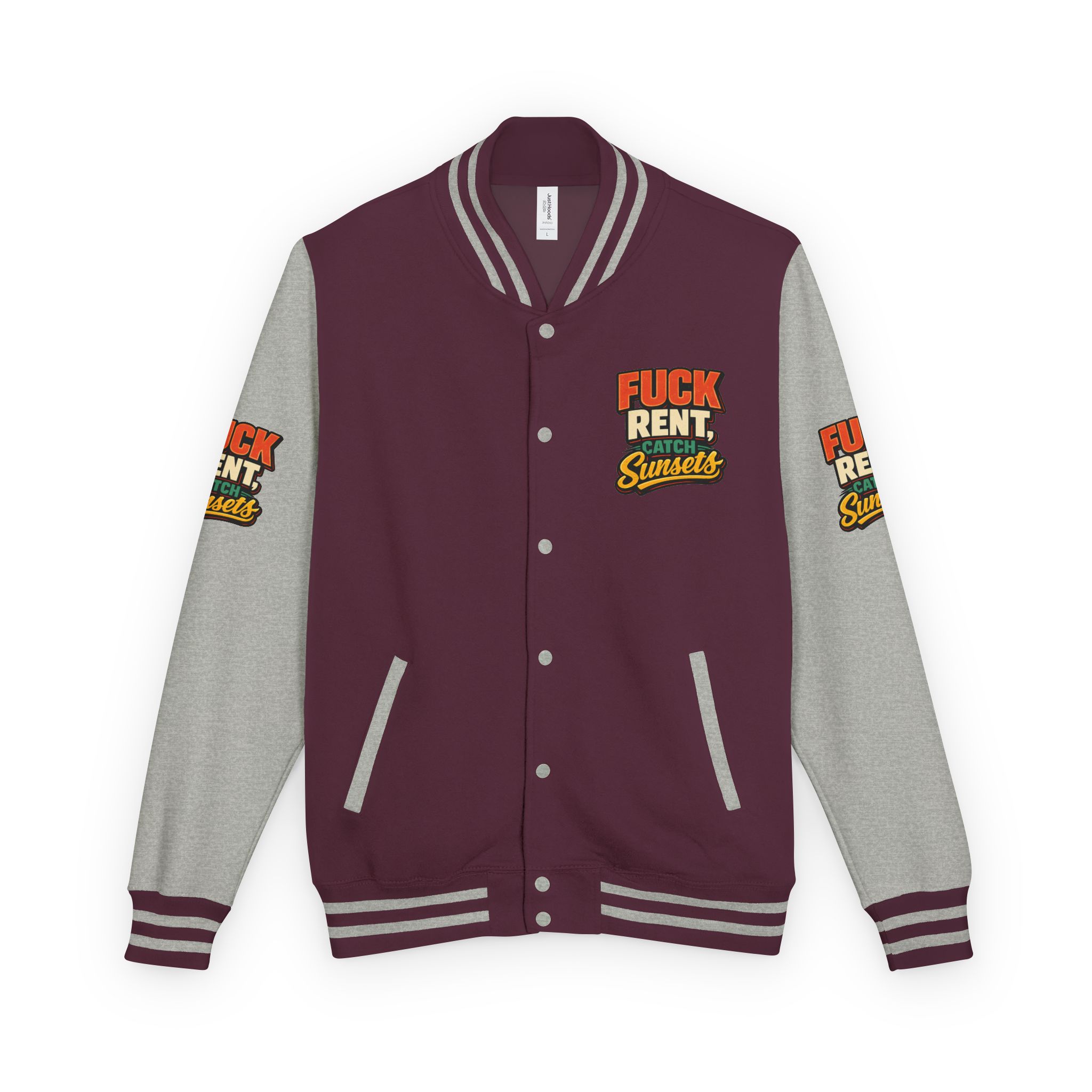 17956995003408582461_2048-2.jpeg Unisex Heavyweight Letterman Jacket — "Fuck Rent Catch Sunsets" Design F**K-Line