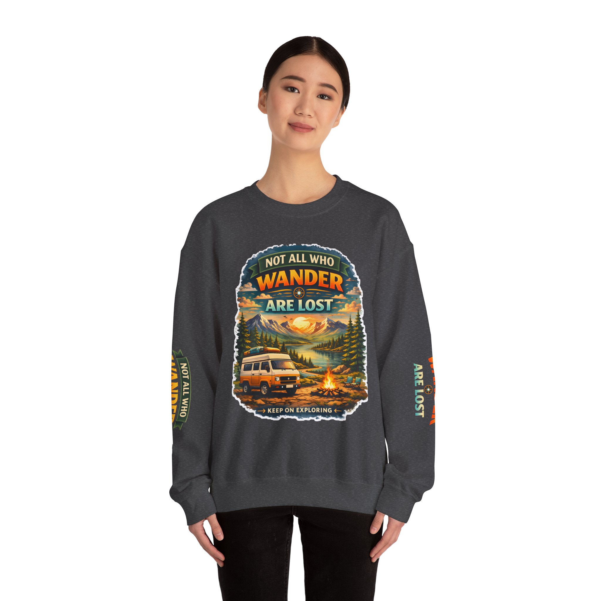 Unisex Heavy Blend™ Crewneck Sweatshirt — "Not All Who Wander Are Lost" Design Scenic-Line