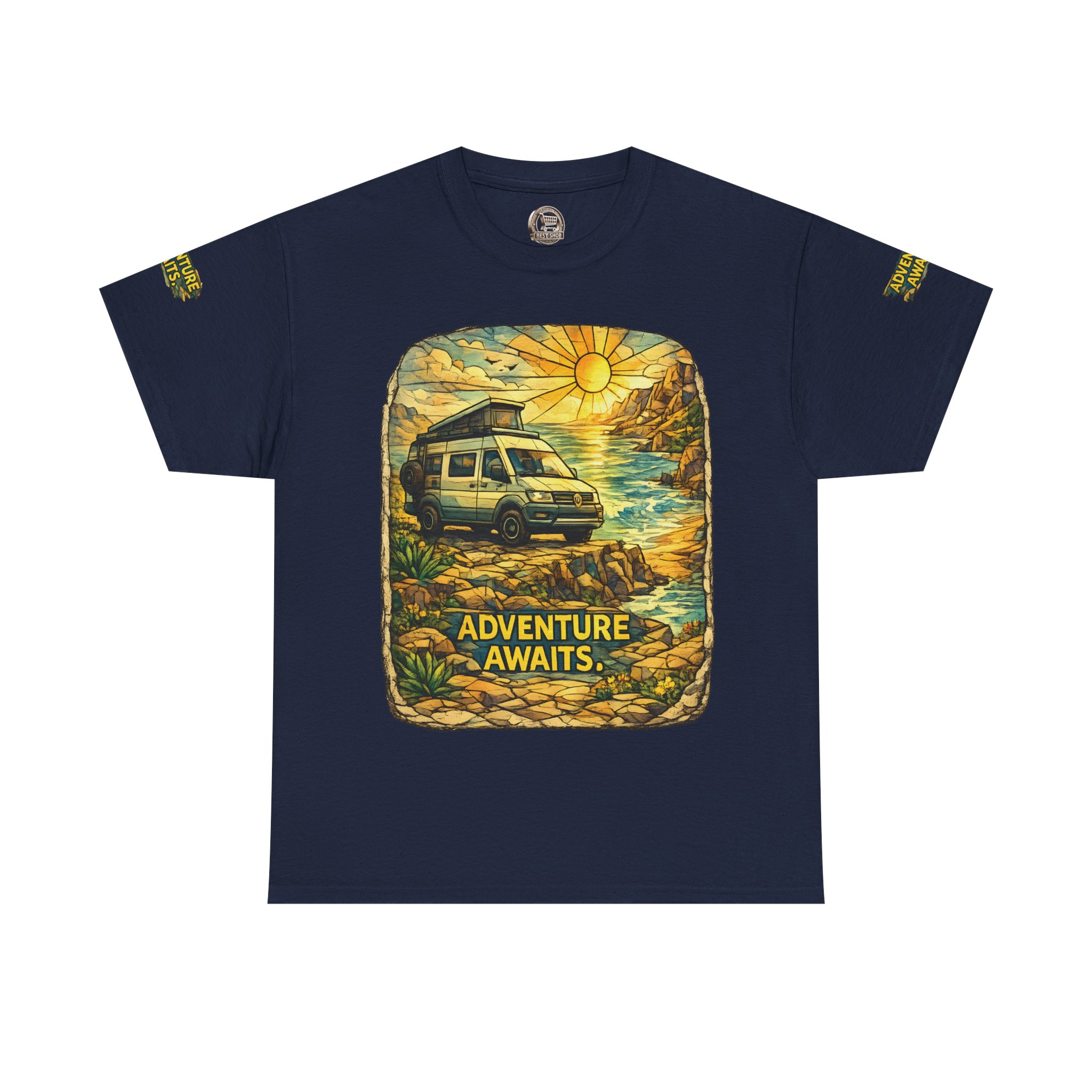 Unisex Heavy Cotton Tee — "Adventure Awaits" Design Cubic-Line