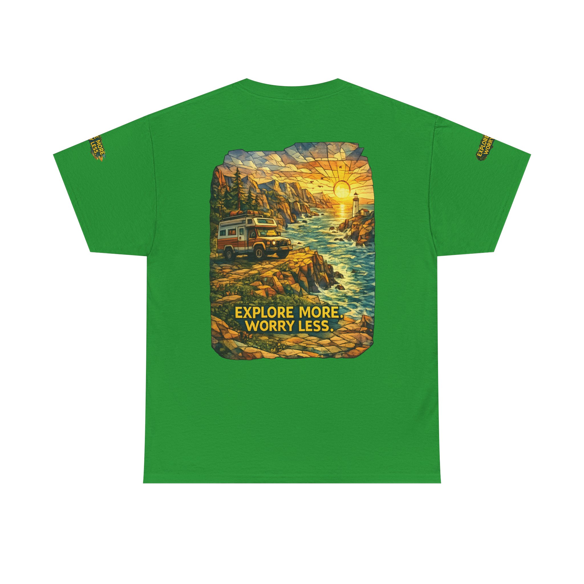 Unisex Heavy Cotton Tee — "Explore More Worry Less" Design Cubic-Line