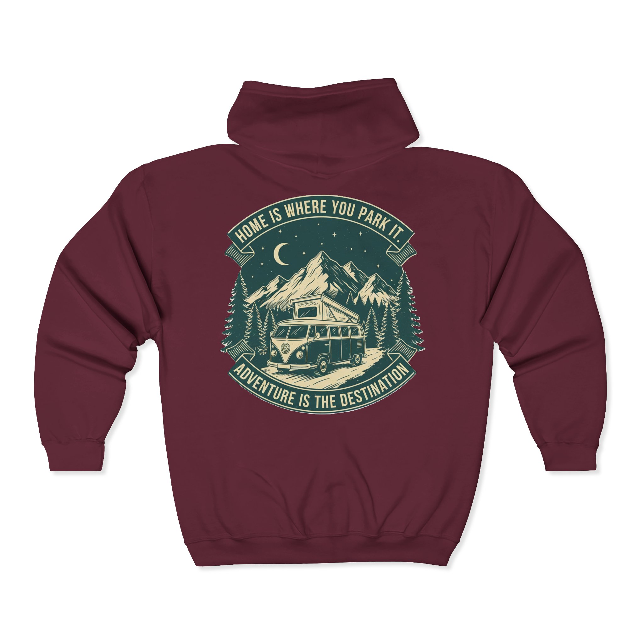 18004520859366930711_2048.jpeg Zip Hoodie — "Home Is Where You Park It-Adventure is the destination"(Front + Back Printed) Camper Van Adventure Zip-Up