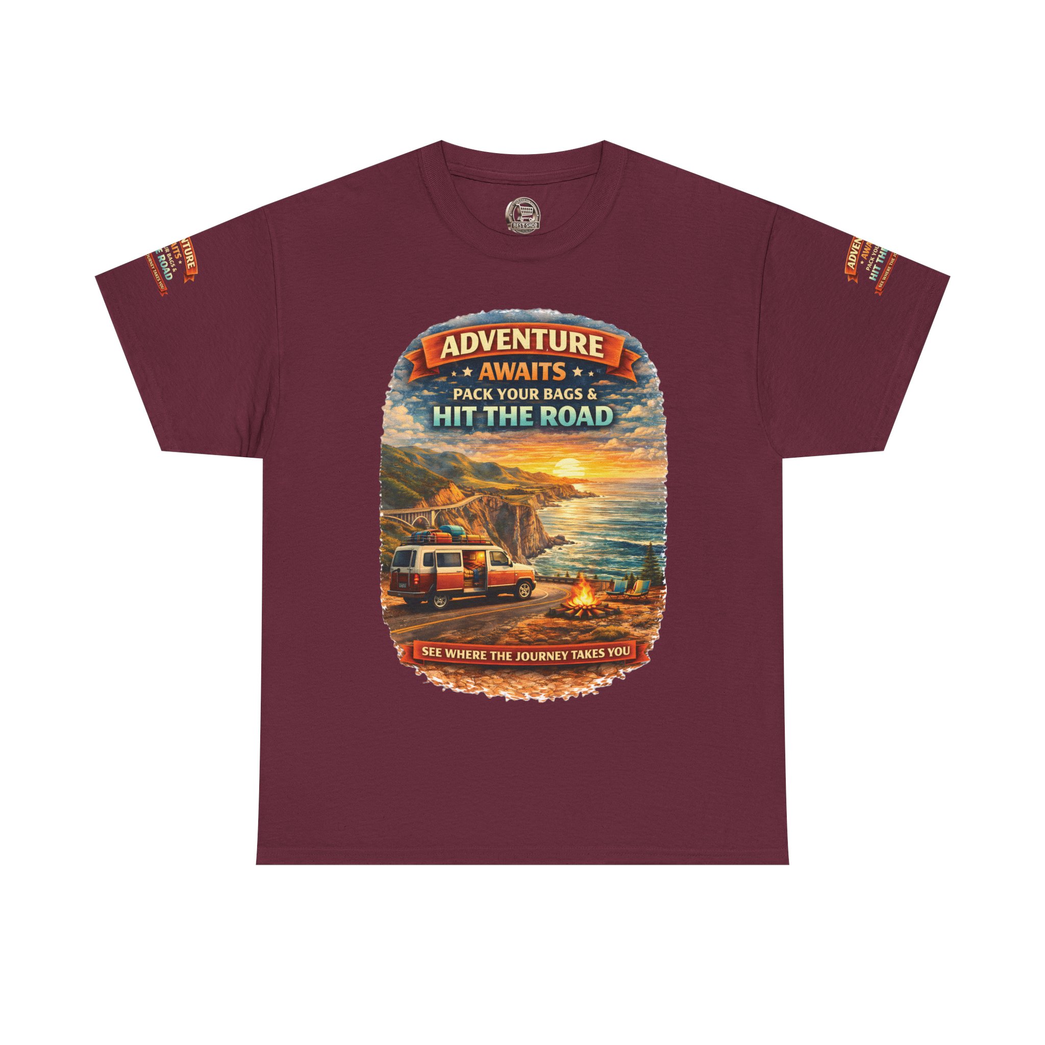Unisex Heavy Cotton Tee — "Adventure Awaits-Pack Your Bags" Design Scenic-Line