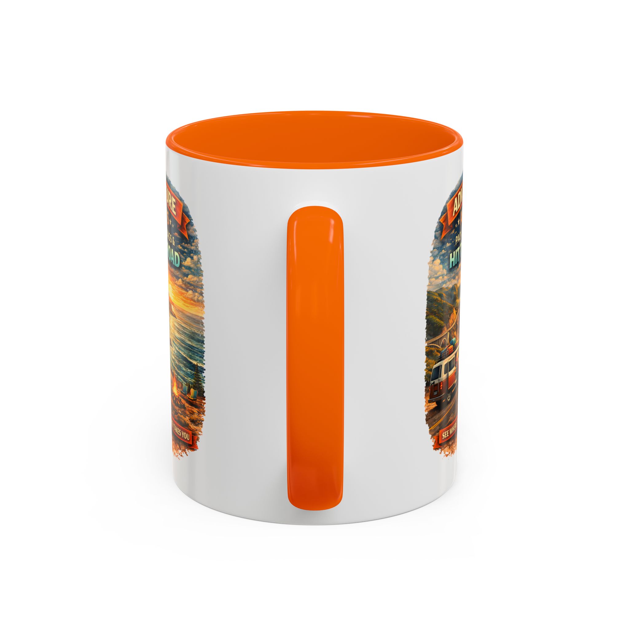 Accent Coffee Mug (11, 15oz) — "Adventure Awaits-Pack Your Bags" Design Scenic-Line